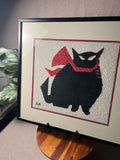Vintage fun needlepoint Black Cat with Red Scarf professionally framed