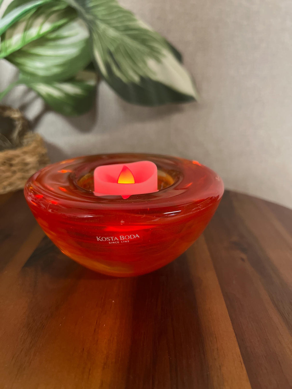 Kosta Boda Atoll Art Glass Votive Holder Red Swirl Bowl Anna Ehrner Swedish