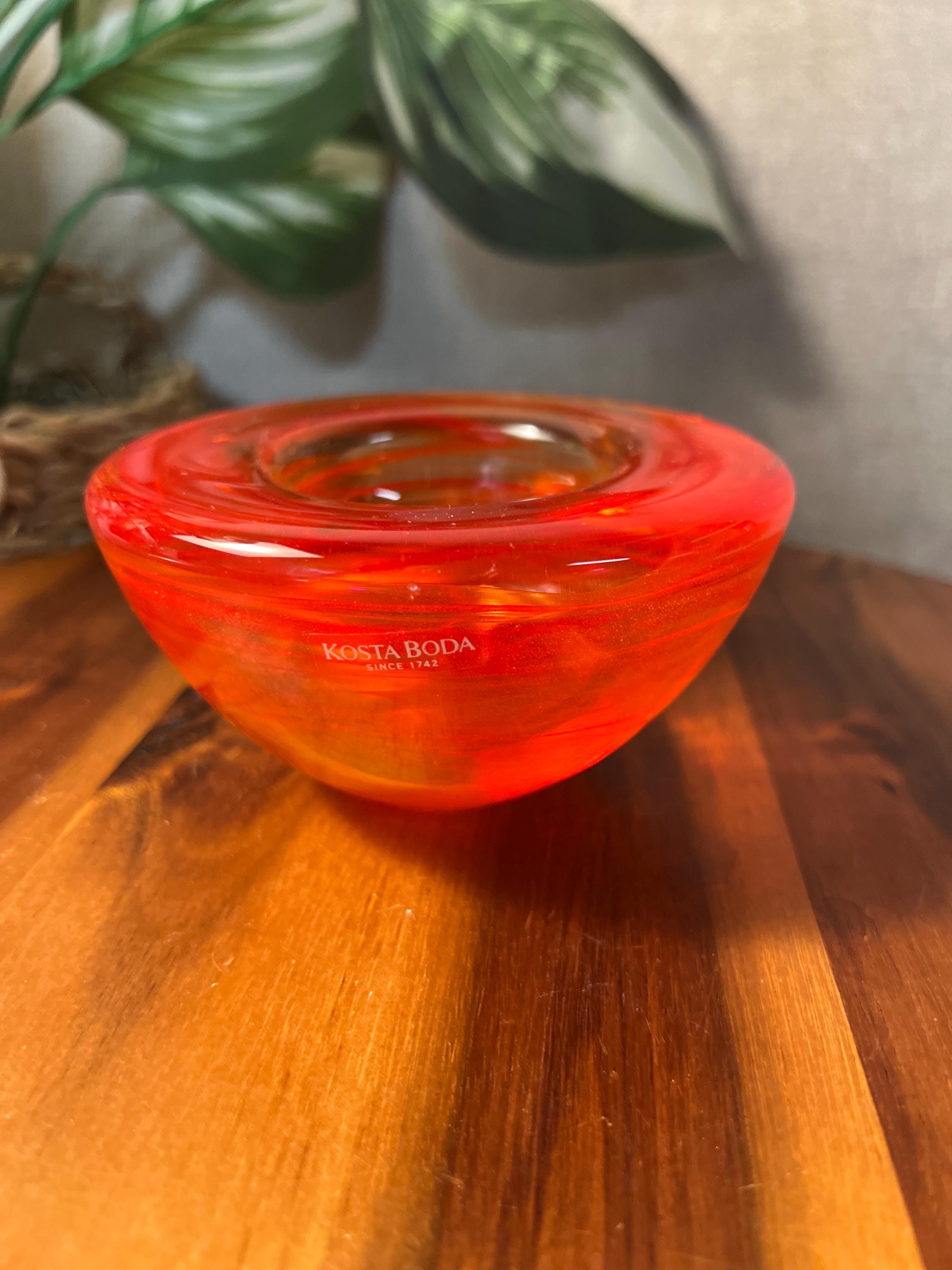 Kosta Boda Atoll Art Glass Votive Holder Red Swirl Bowl Anna Ehrner Swedish