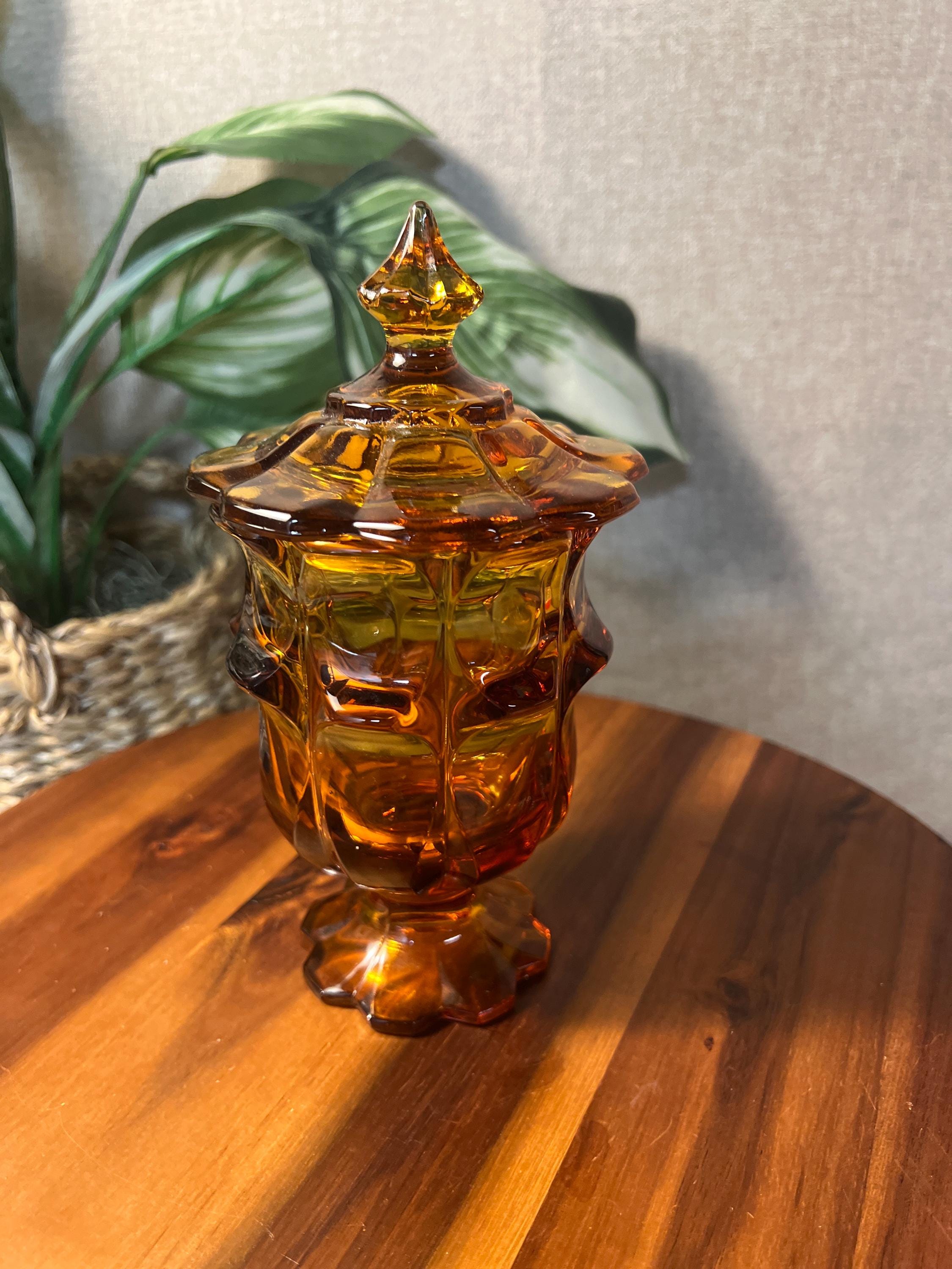 Vintage Fenton Valencia Amber Pedestal Glass Candy Dish w/ Lid Tobacco Cigarette Jar