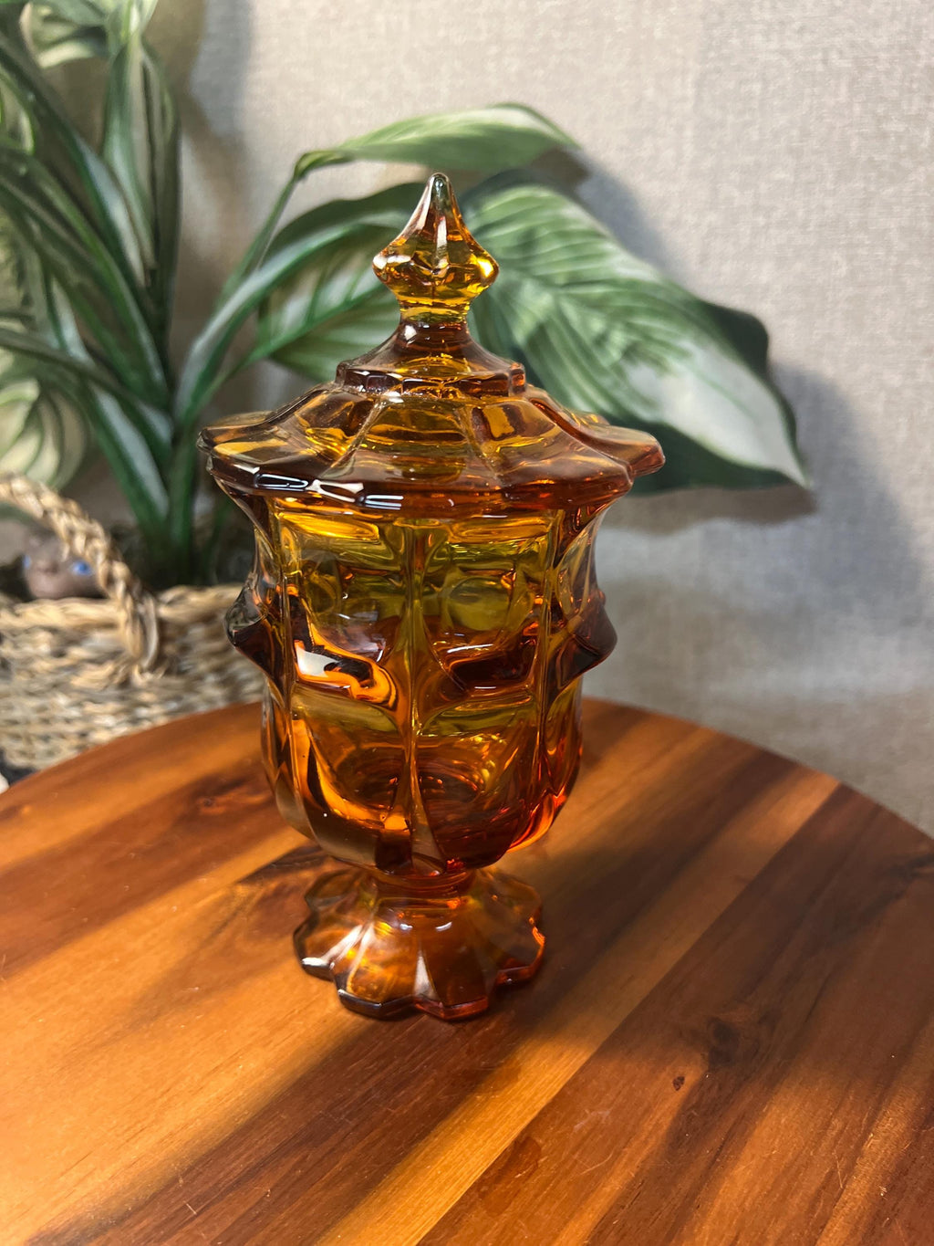 Vintage Fenton Valencia Amber Pedestal Glass Candy Dish w/ Lid Tobacco Cigarette Jar