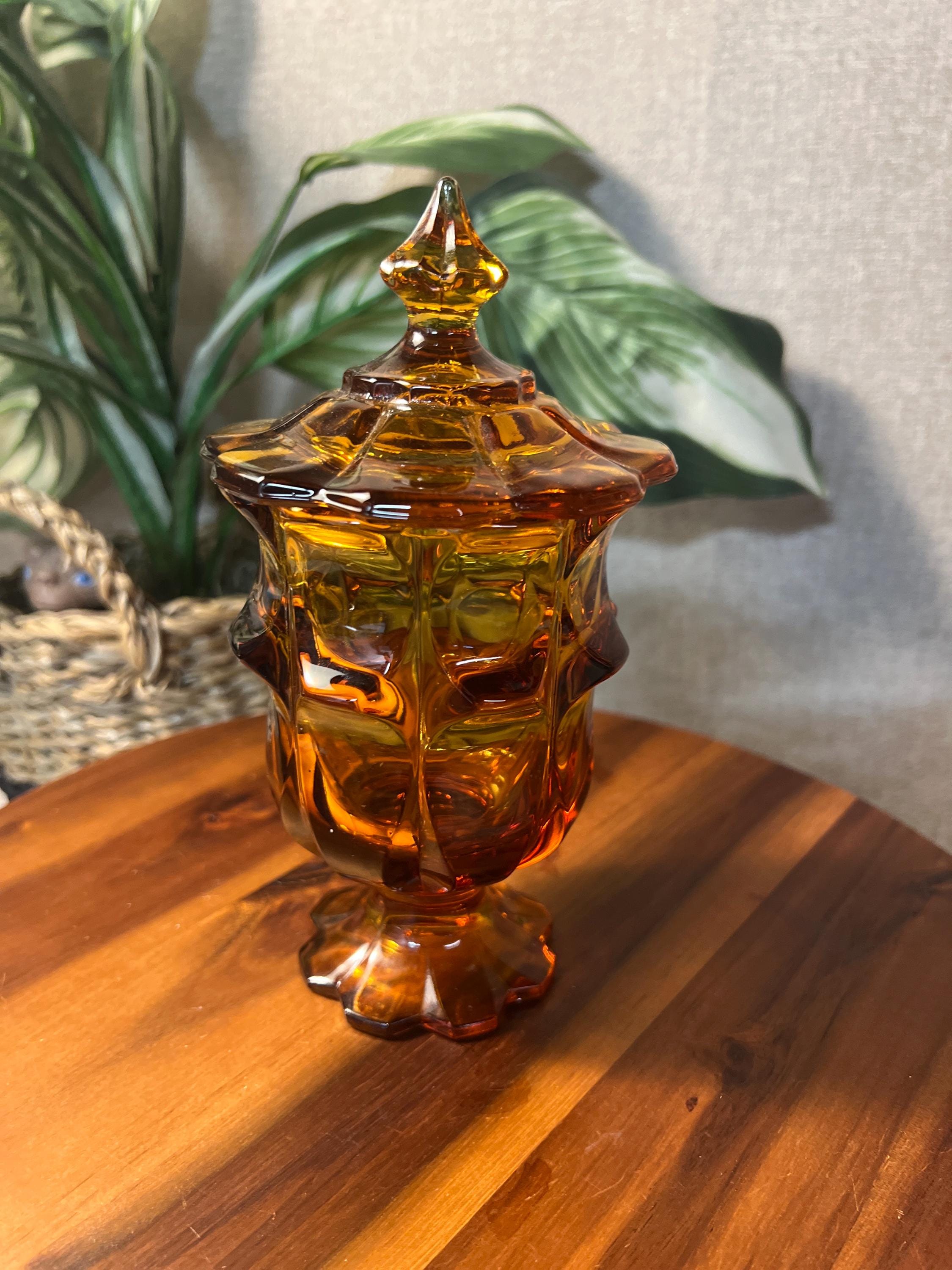 Vintage Fenton Valencia Amber Pedestal Glass Candy Dish w/ Lid Tobacco Cigarette Jar