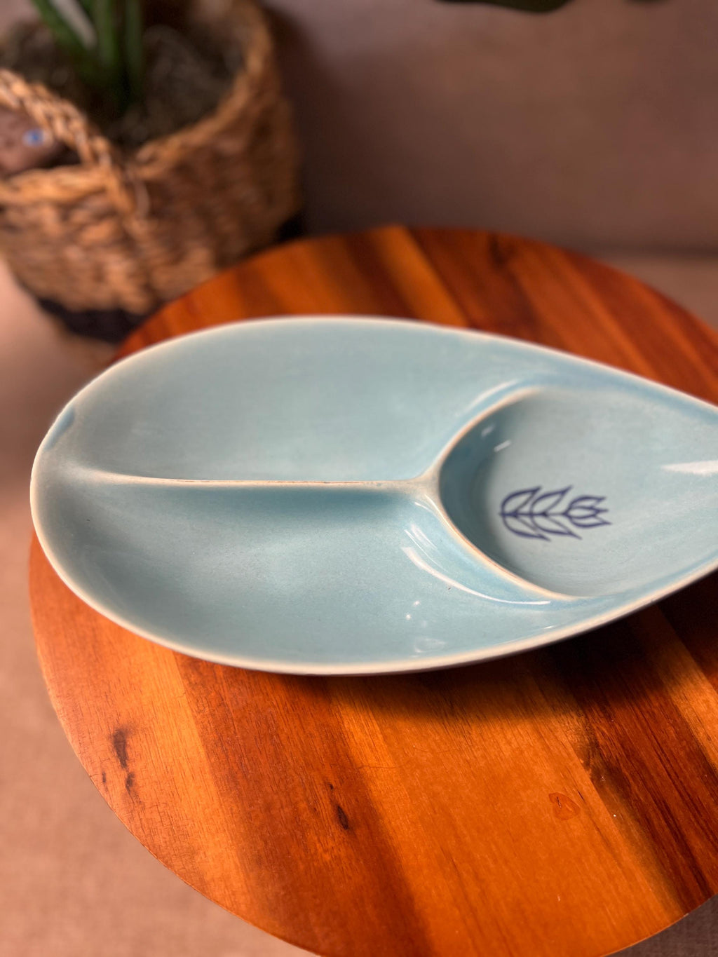 Cronin Blue Teardrop Tulip Divided Relish Dish MCM Vintage 1950s