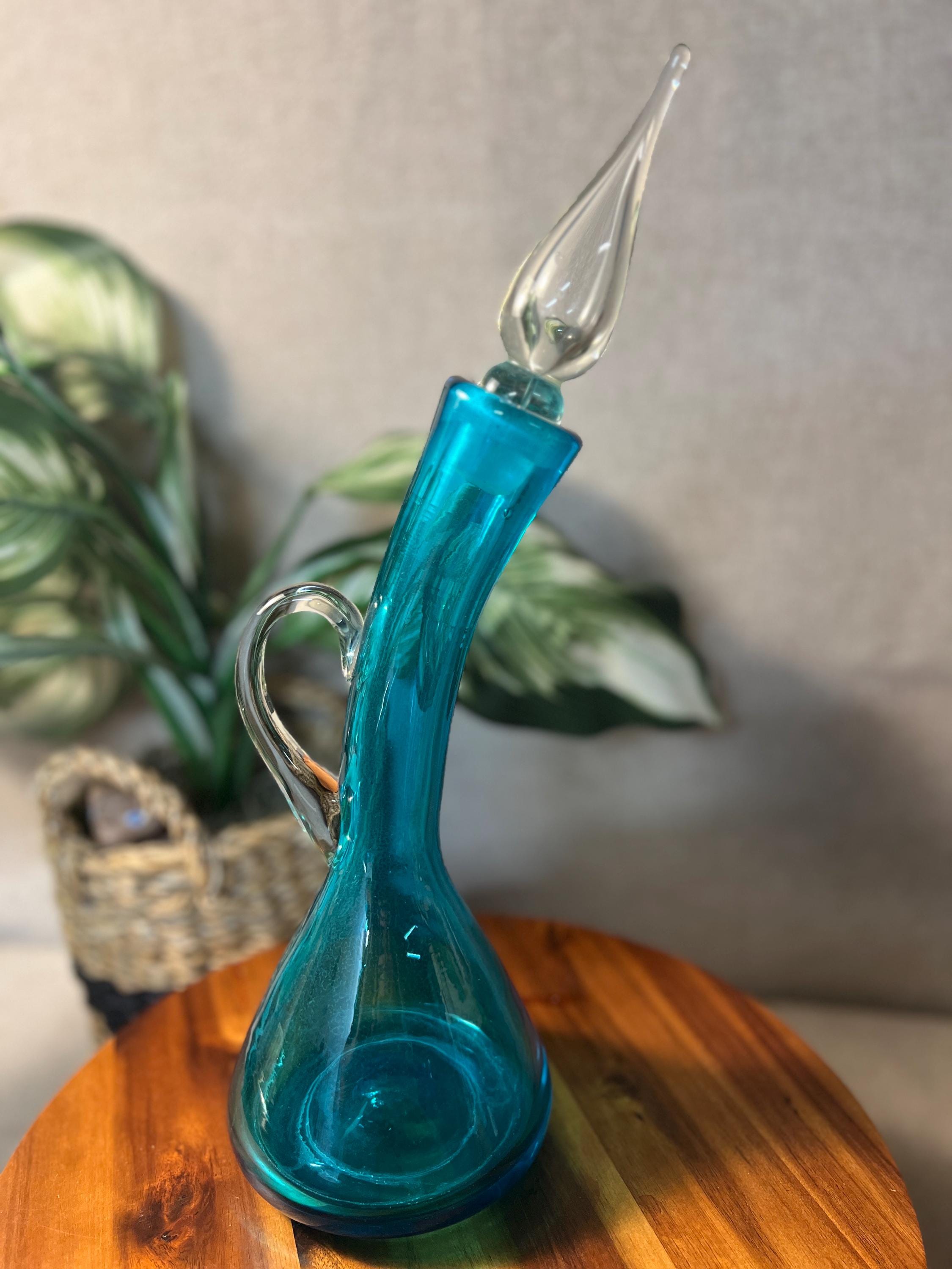 Early 1960's MCM Bischoff #591 Peacock Blue Bent Curved Glass Decanter
