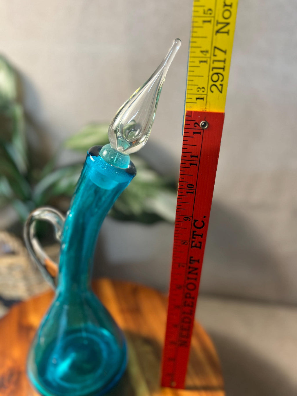 Early 1960's MCM Bischoff #591 Peacock Blue Bent Curved Glass Decanter