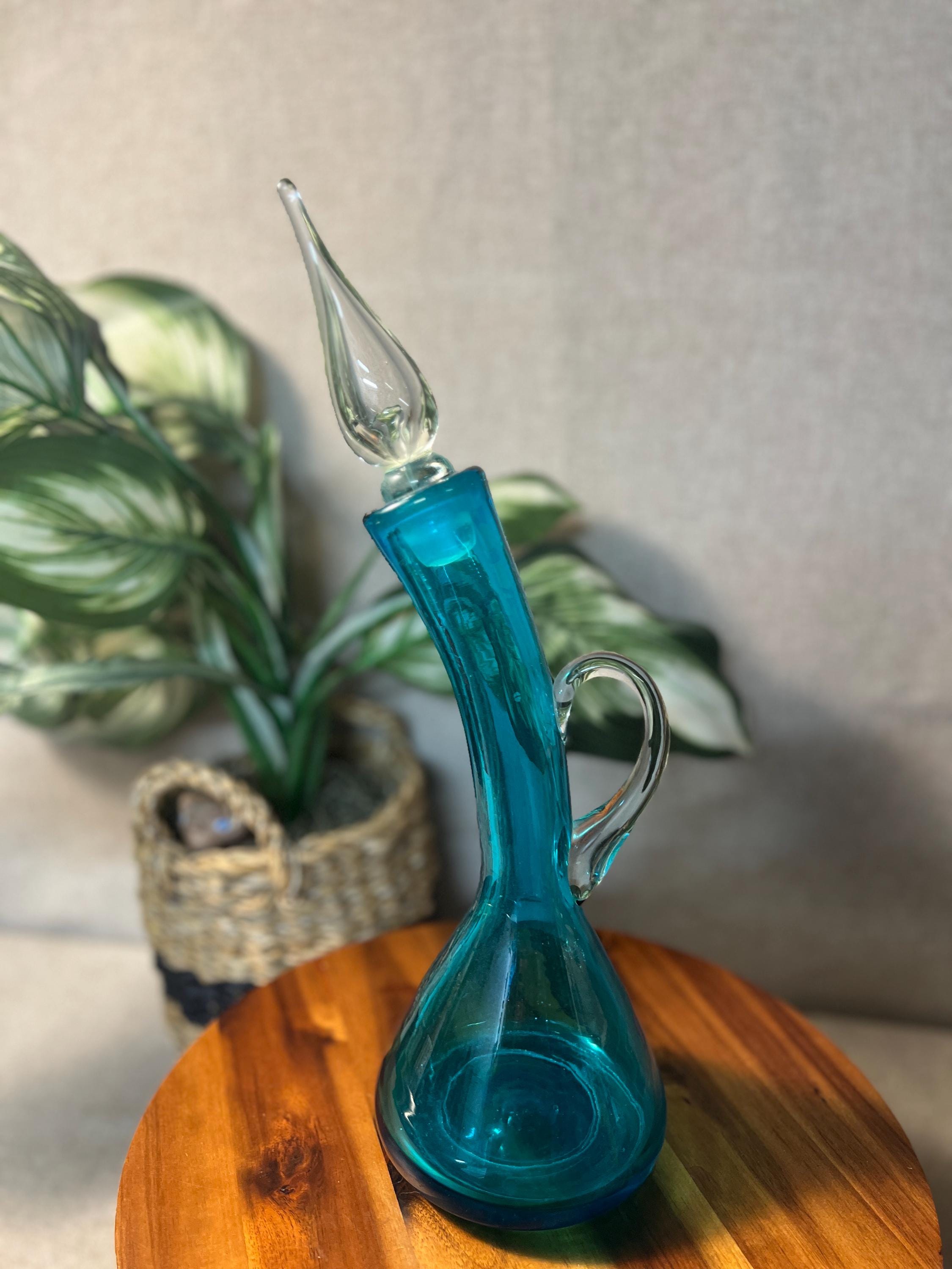 Early 1960's MCM Bischoff #591 Peacock Blue Bent Curved Glass Decanter