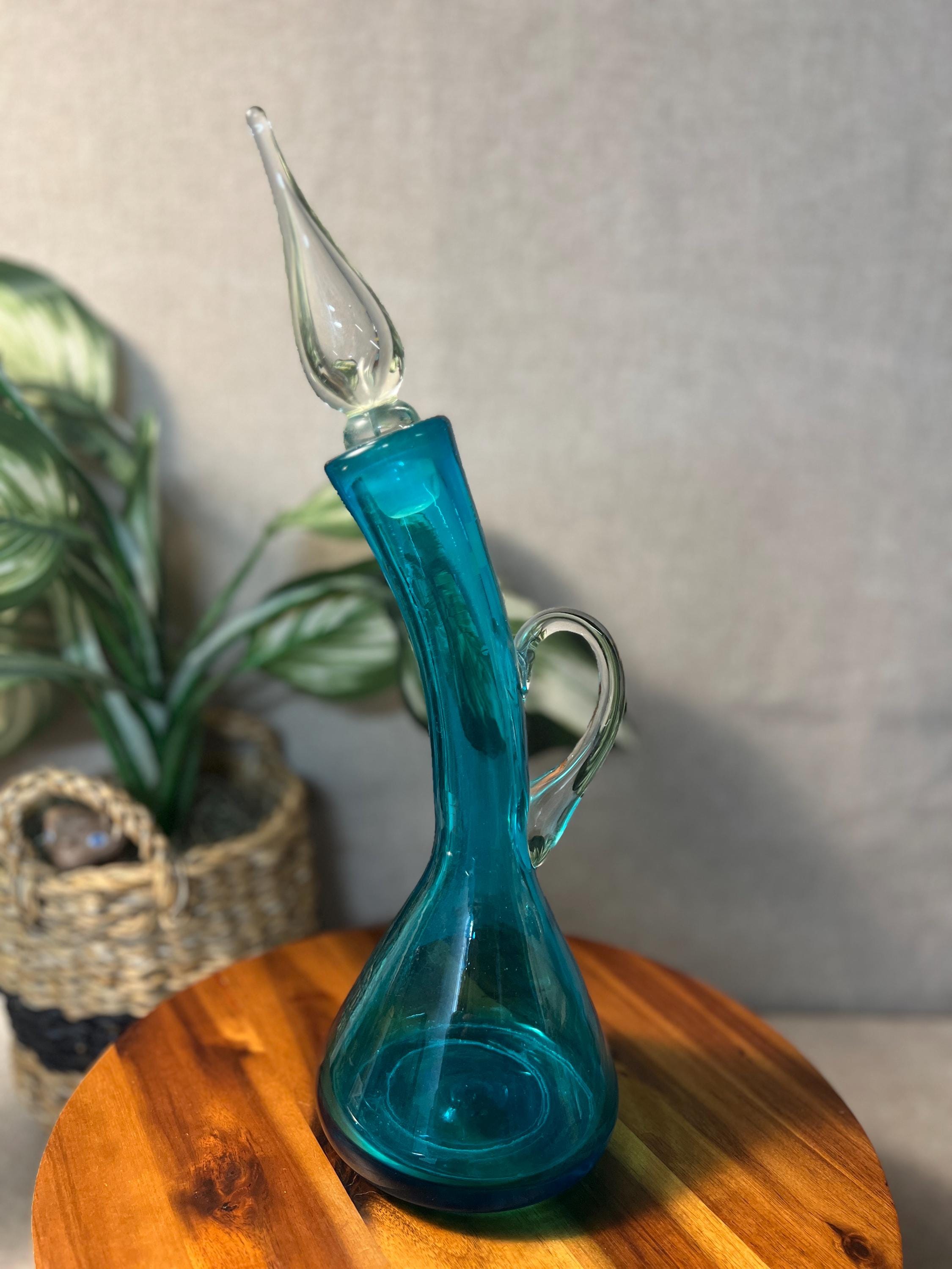 Early 1960's MCM Bischoff #591 Peacock Blue Bent Curved Glass Decanter
