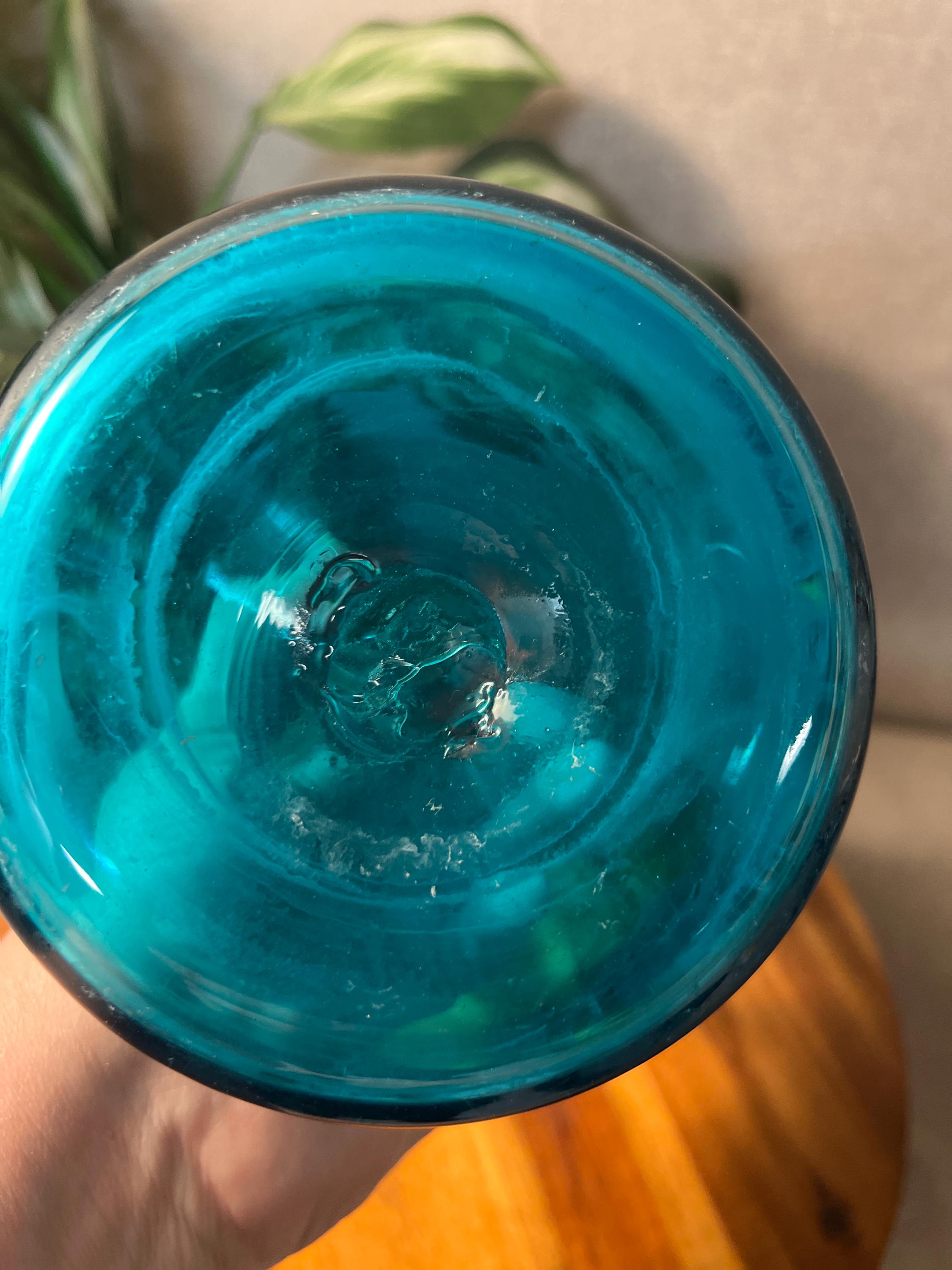 Early 1960's MCM Bischoff #591 Peacock Blue Bent Curved Glass Decanter
