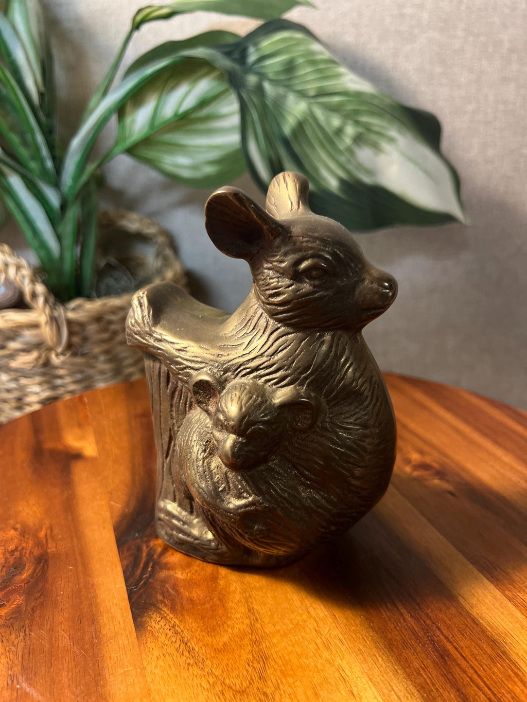 Brass Koala Bears Sitting On Tree Branch Vintage Figurine Mother With Joey