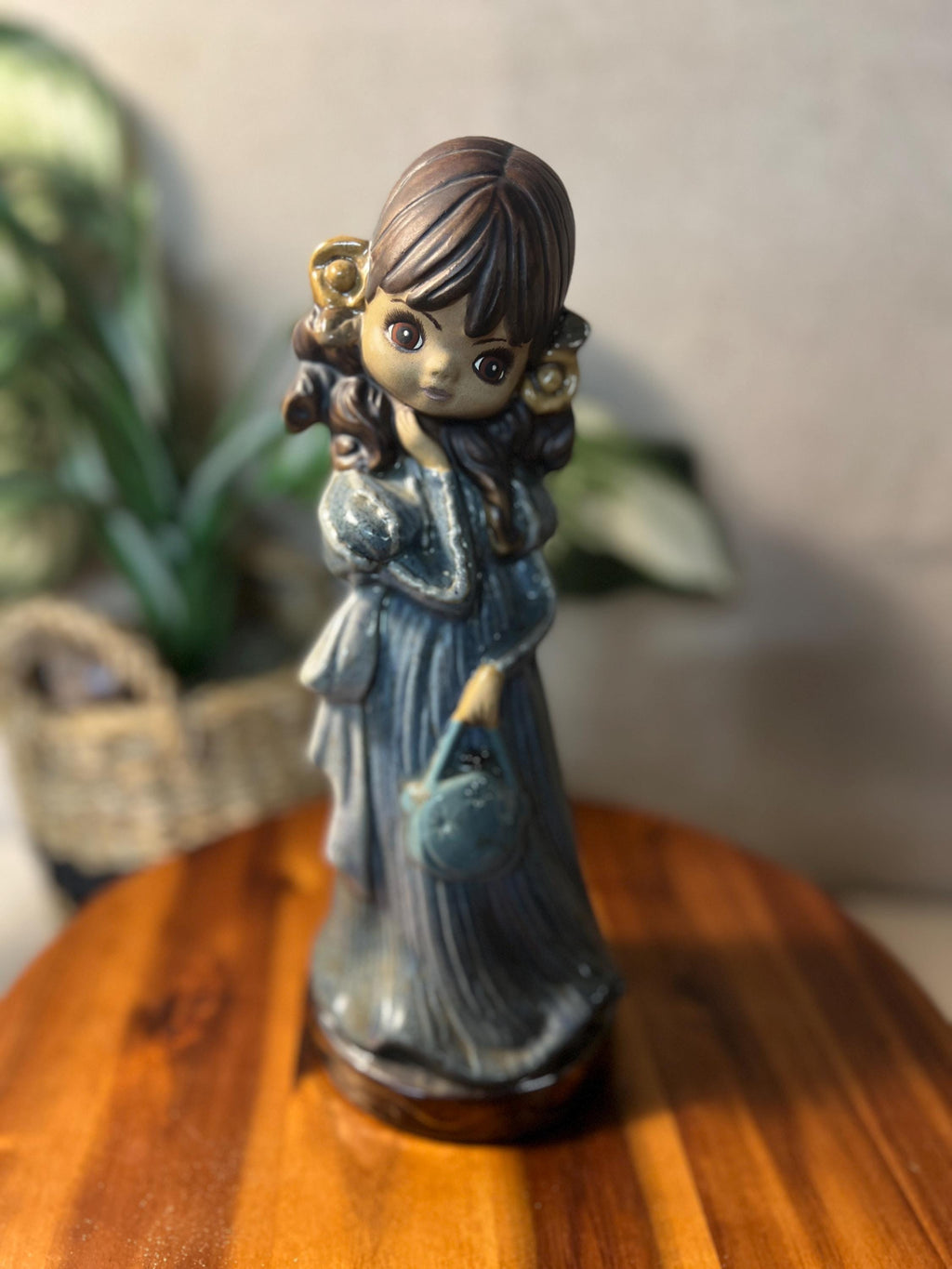 Vtg Ceramic Hand Painted Girl Holding Purse Blue Dress Figurine Signed Mary 1980