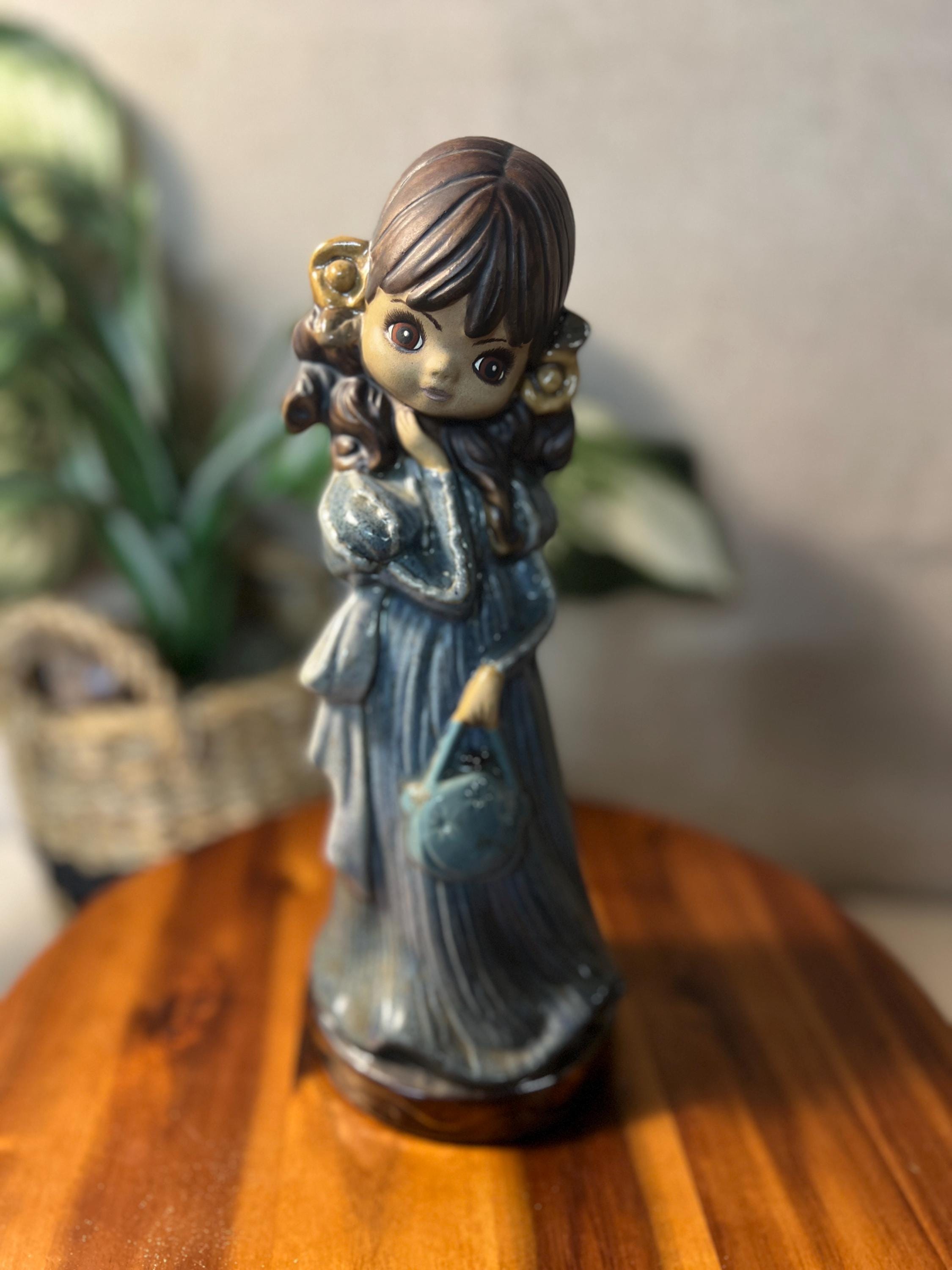 Vtg Ceramic Hand Painted Girl Holding Purse Blue Dress Figurine Signed Mary 1980