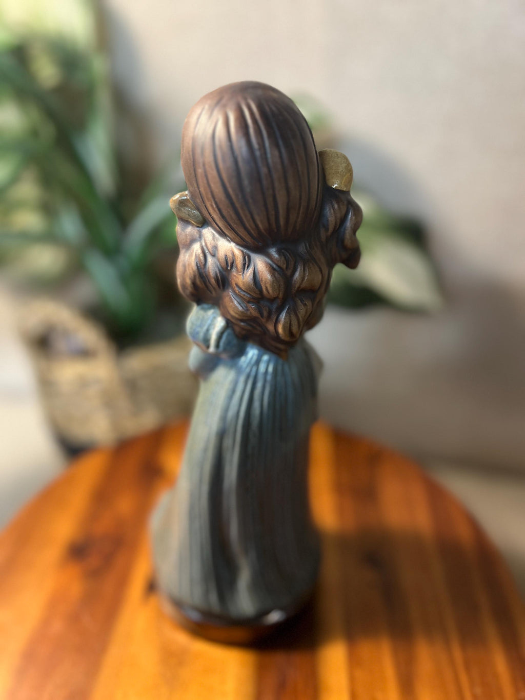 Vtg Ceramic Hand Painted Girl Holding Purse Blue Dress Figurine Signed Mary 1980