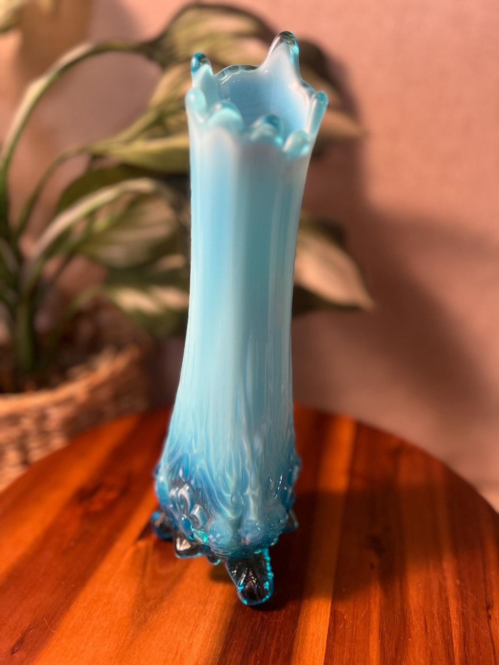 Vintage Piasa Bird Blue Opalescent 10 Swung Vase Stretched EAPG early American pressed glass