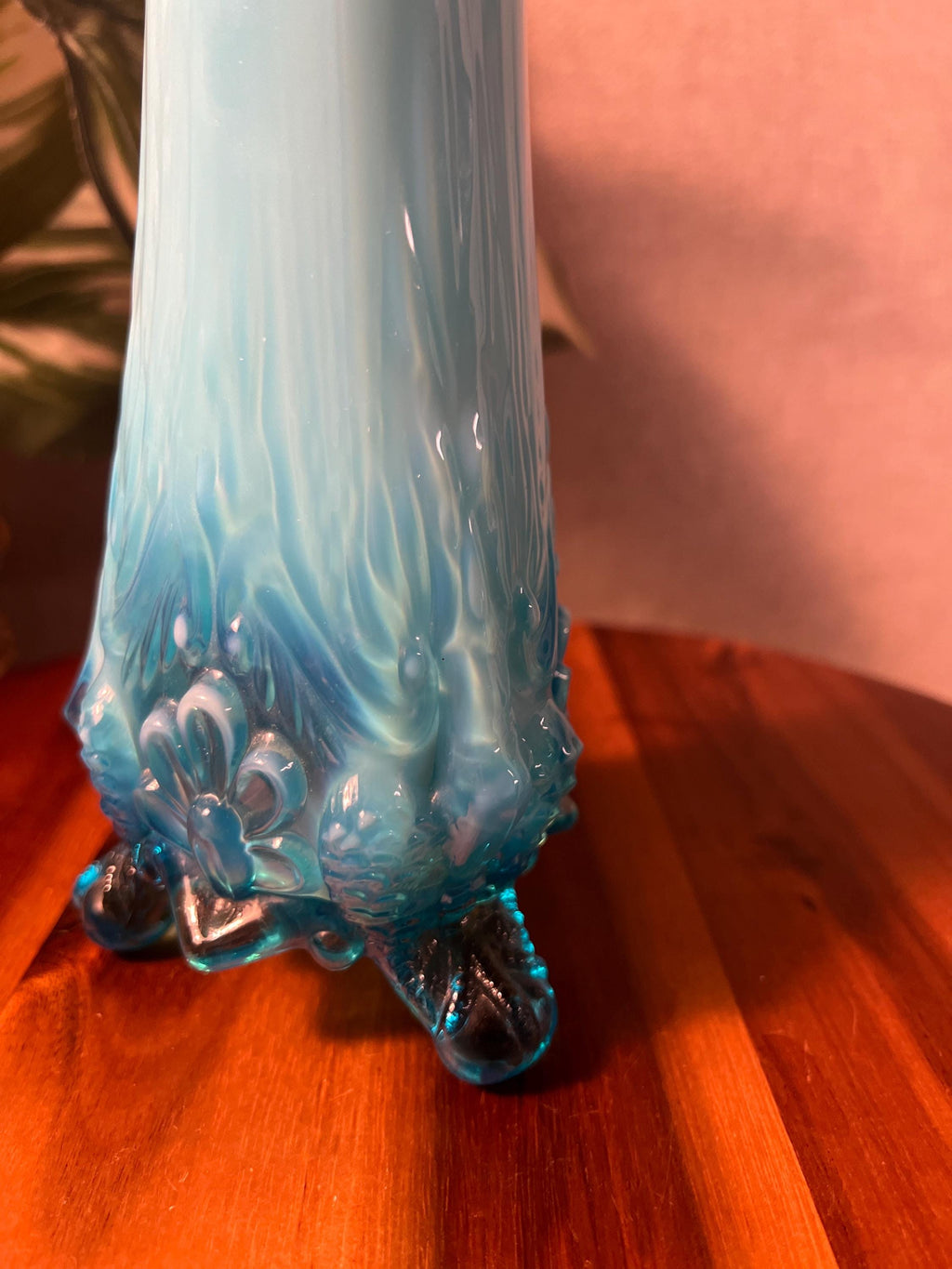 Vintage Piasa Bird Blue Opalescent 10 Swung Vase Stretched EAPG early American pressed glass