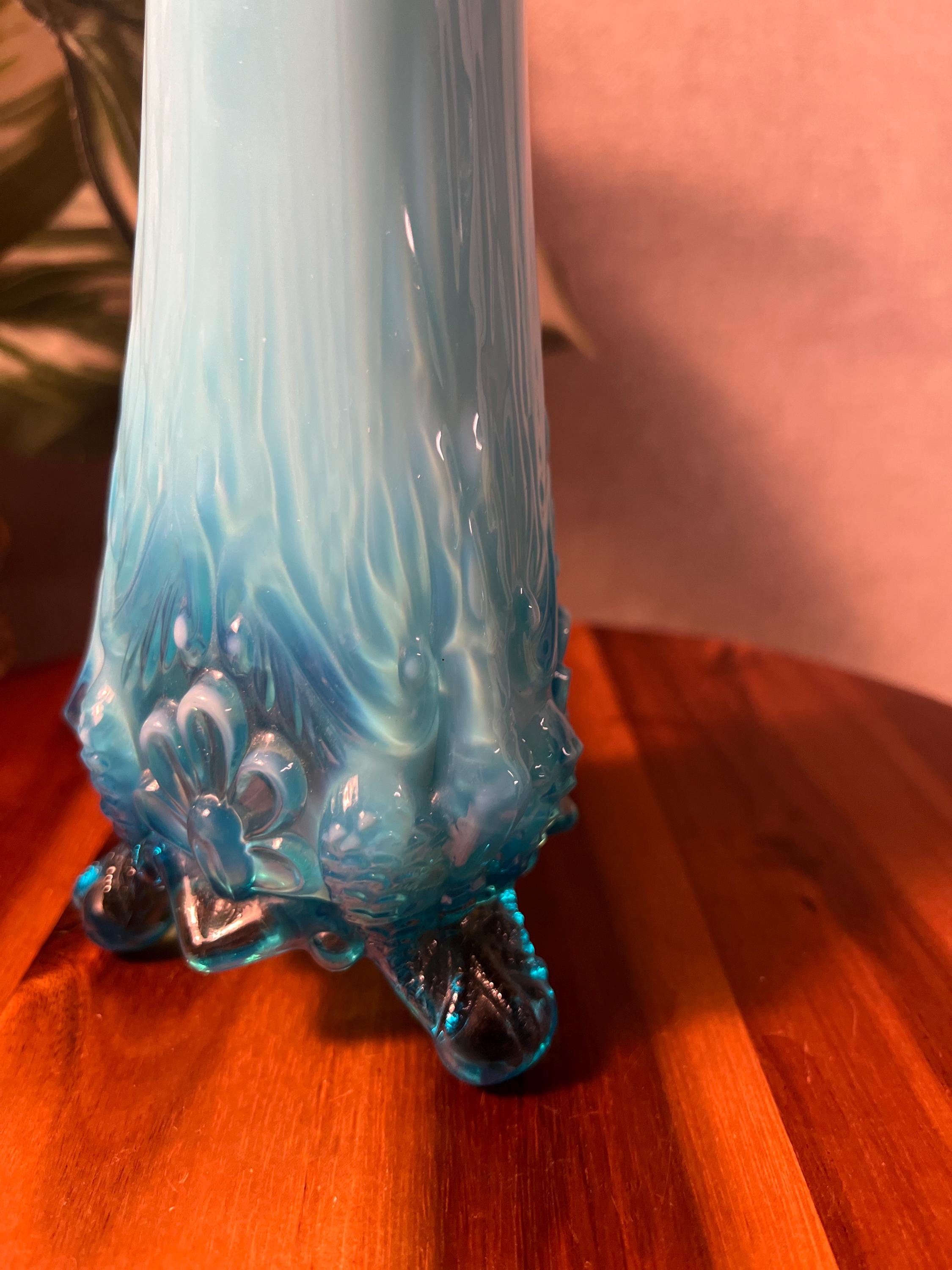 Vintage Piasa Bird Blue Opalescent 10 Swung Vase Stretched EAPG early American pressed glass