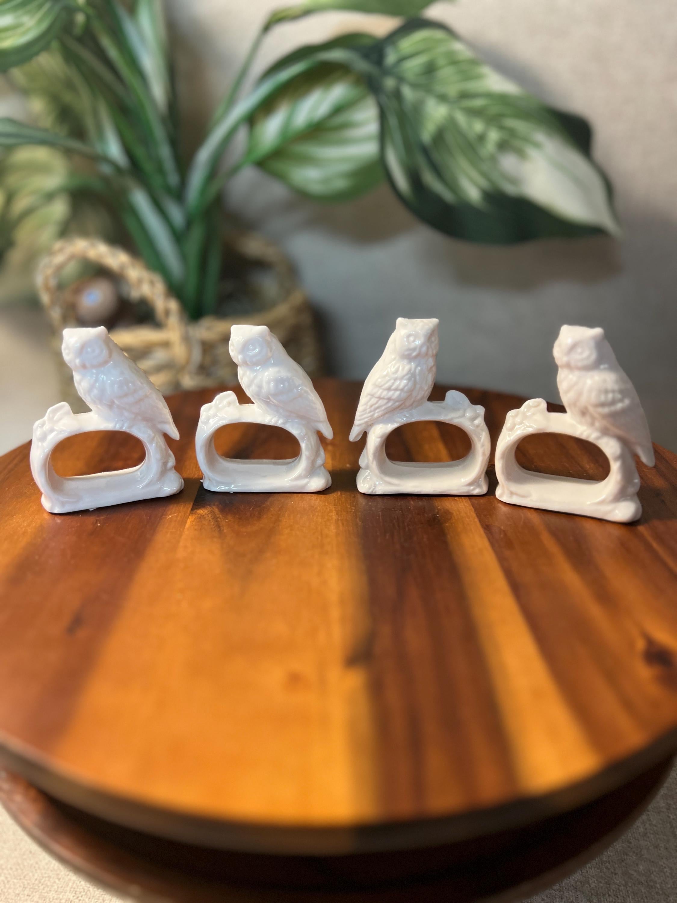 Vintage Ardalt Porcelain Owl Napkin Ring Holders 4 Pcs made In Japan White