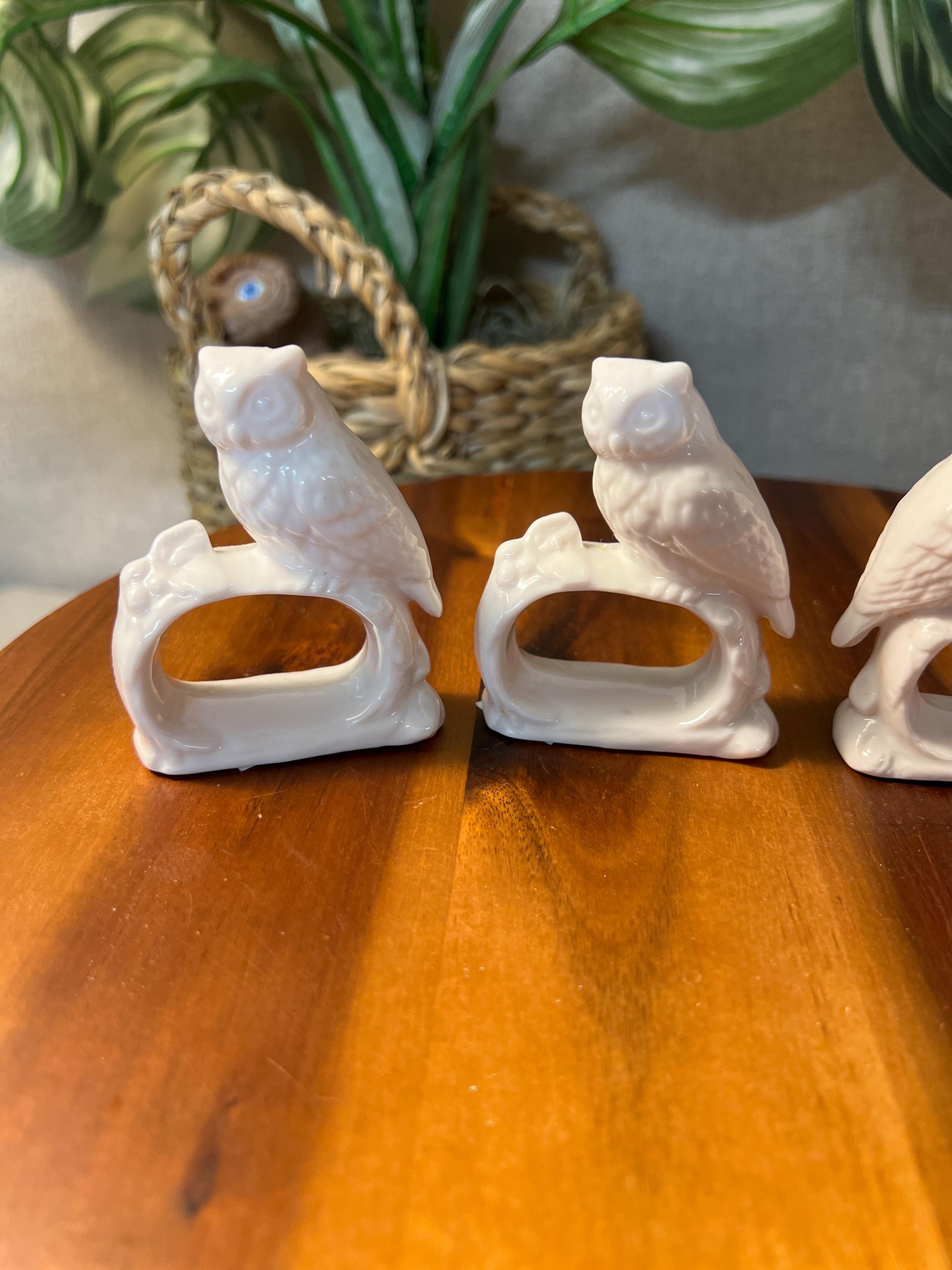 Vintage Ardalt Porcelain Owl Napkin Ring Holders 4 Pcs made In Japan White