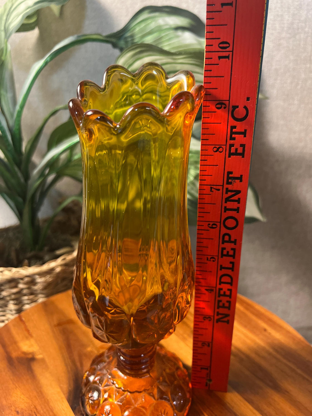 Vintage MCM Kanawha Glass Amber Moon & Star Swung Vase 9 1/2 Tall