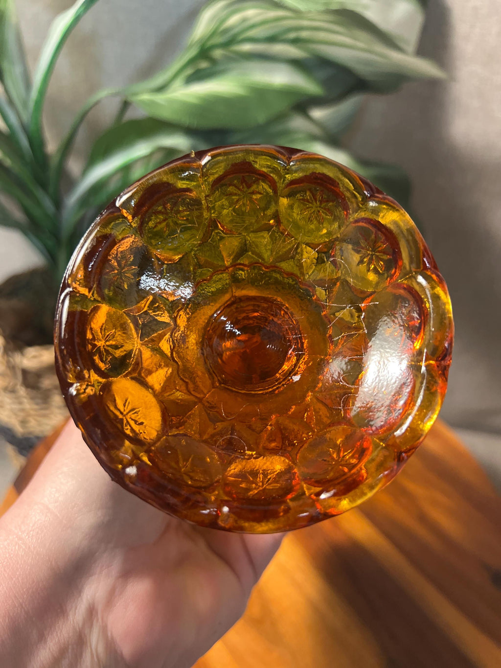 Vintage MCM Kanawha Glass Amber Moon & Star Swung Vase 9 1/2 Tall
