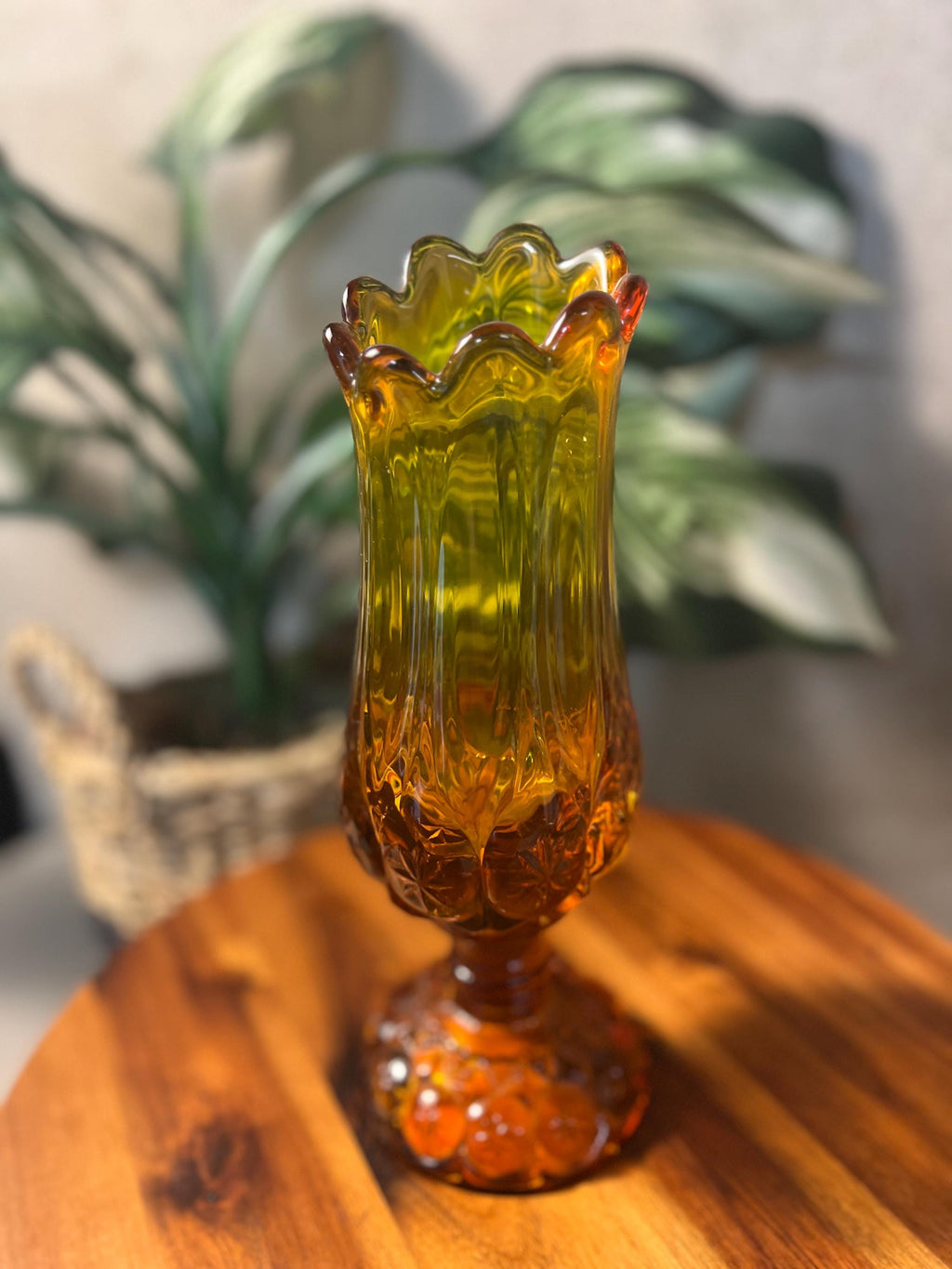 Vintage MCM Kanawha Glass Amber Moon & Star Swung Vase 9 1/2 Tall
