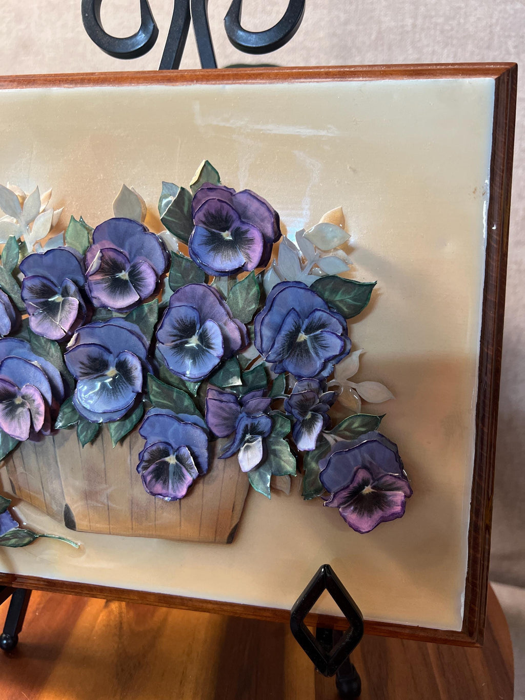 1980s Violet Paper Tole 3-D Framed Art — Layered Paper Floral Wall Decor
