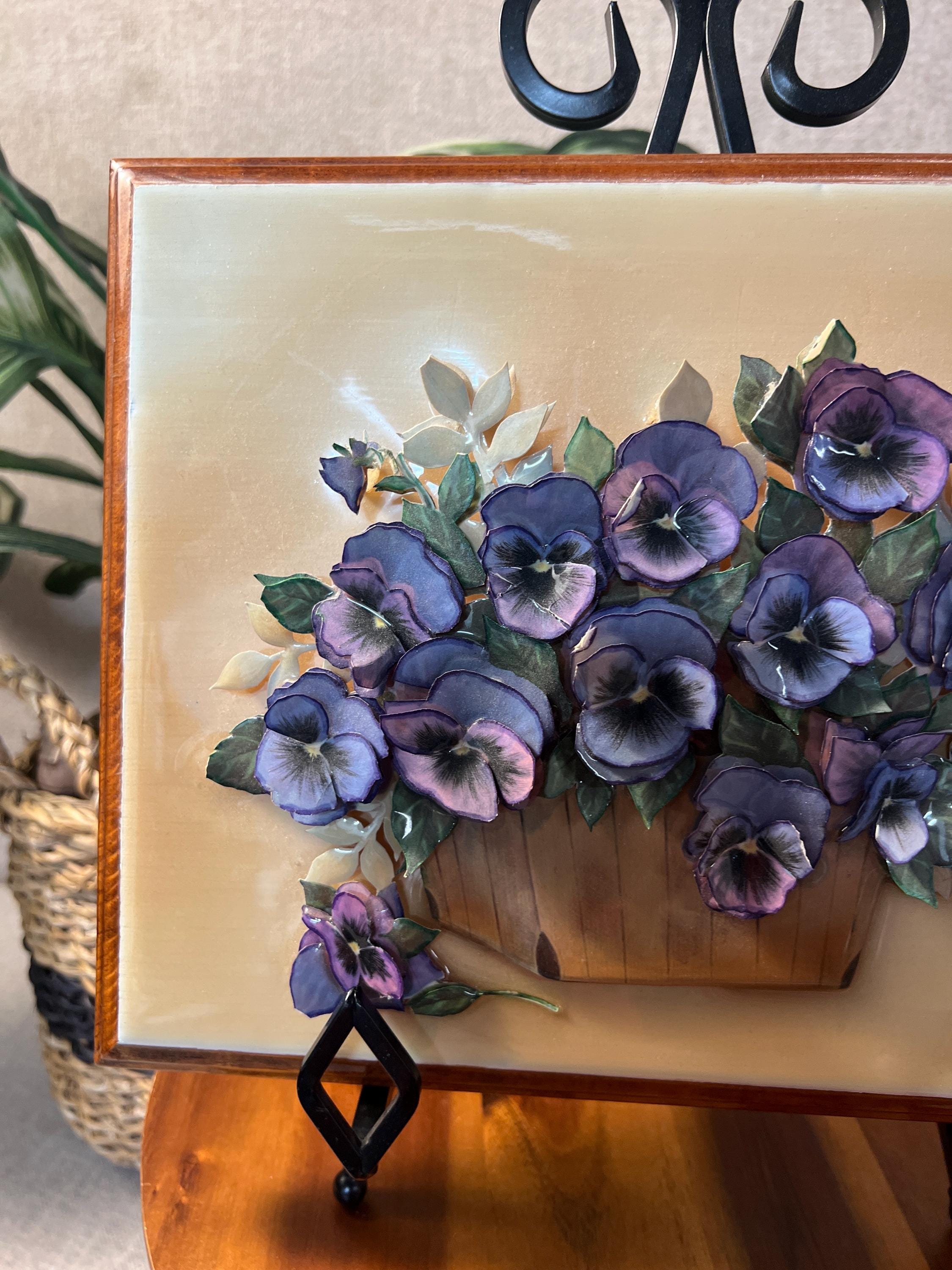1980s Violet Paper Tole 3-D Framed Art — Layered Paper Floral Wall Decor