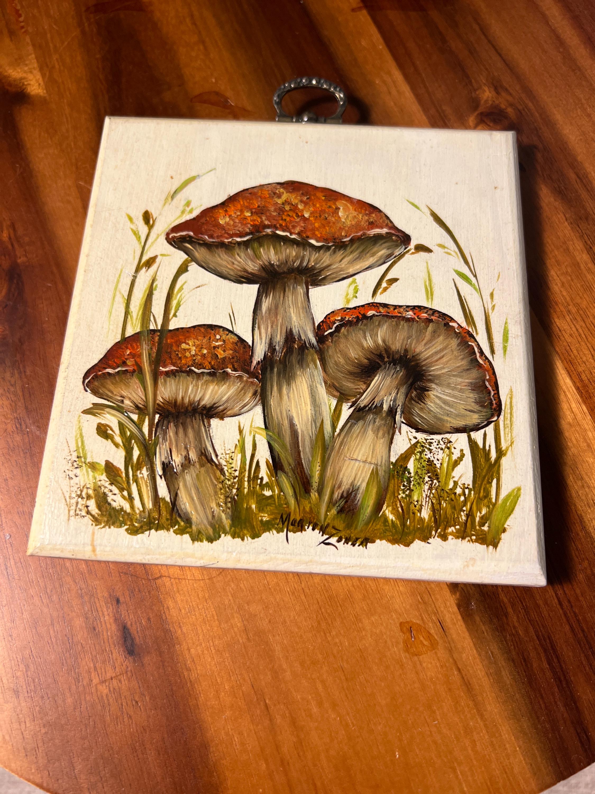 Vintage Homemade Painted Mushroom Wall Art Wood Plaque Signed
