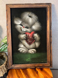 Vintage Black Velvet Painting Pup with Heart I Love You Framed Mexico 20.5x14