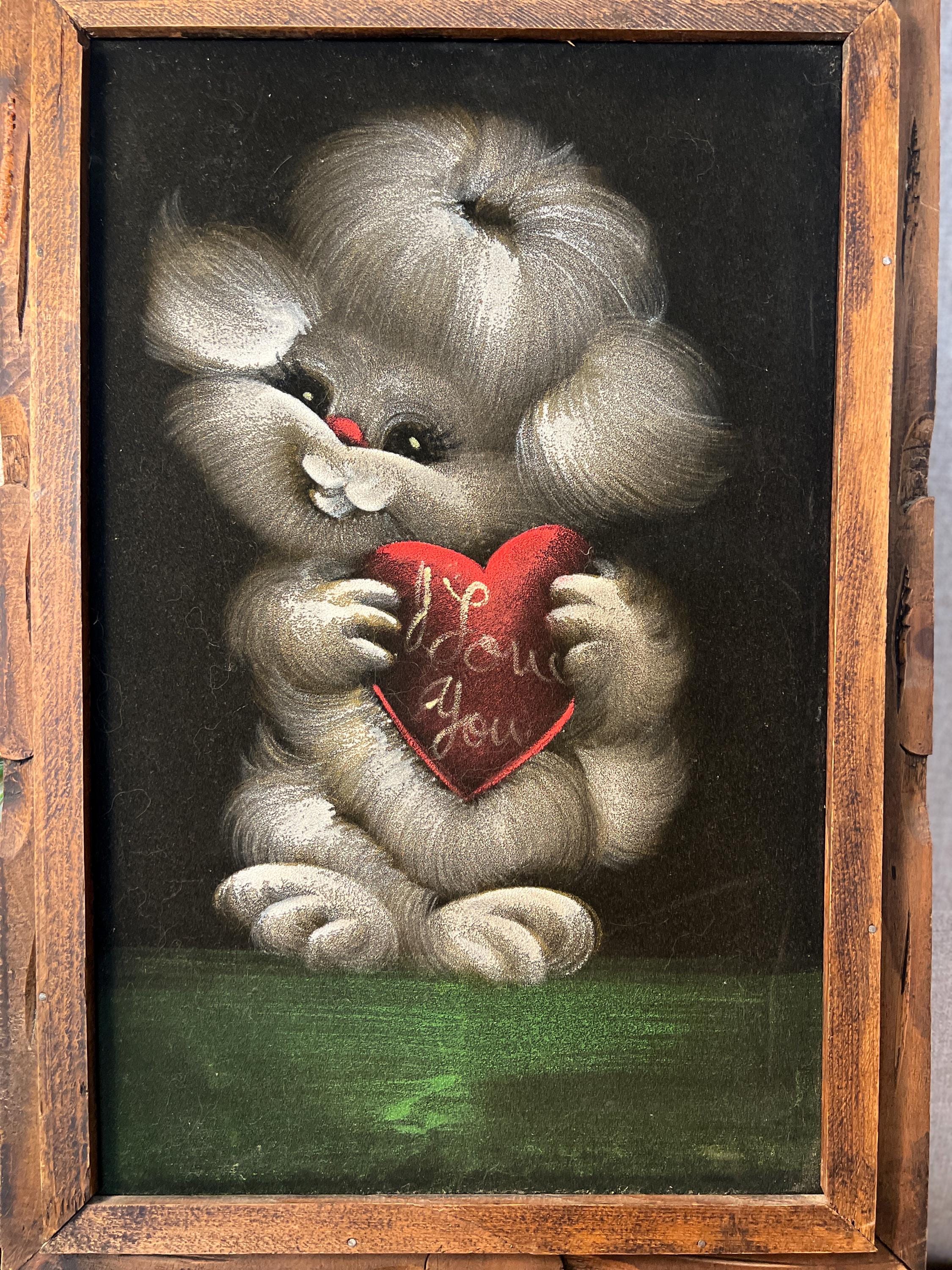 Vintage Black Velvet Painting Pup with Heart I Love You Framed Mexico 20.5x14