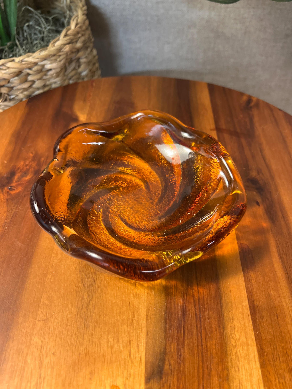 Fenton Heavy Glass Trinket Dish, Amber Honey Swirl, Excellent