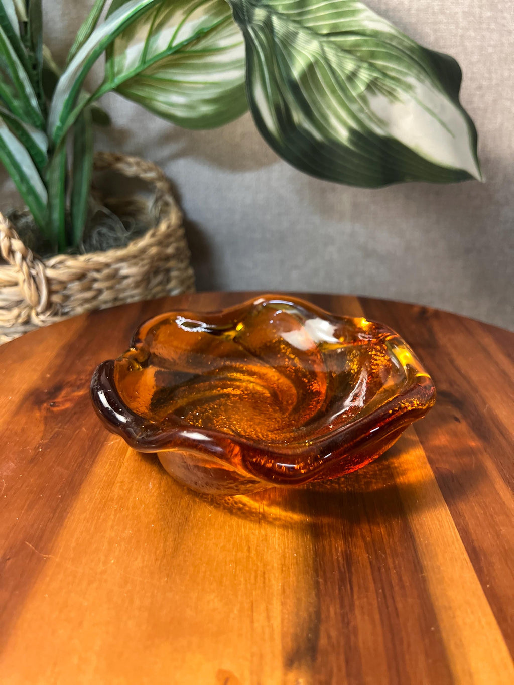 Fenton Heavy Glass Trinket Dish, Amber Honey Swirl, Excellent