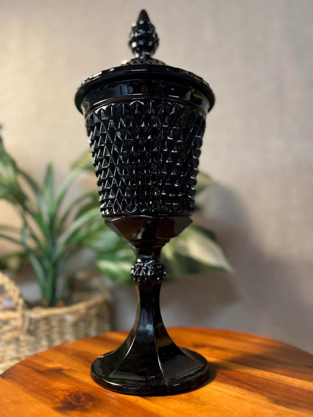 Vintage Black Indiana Glass Diamond Point Apothecary Jar