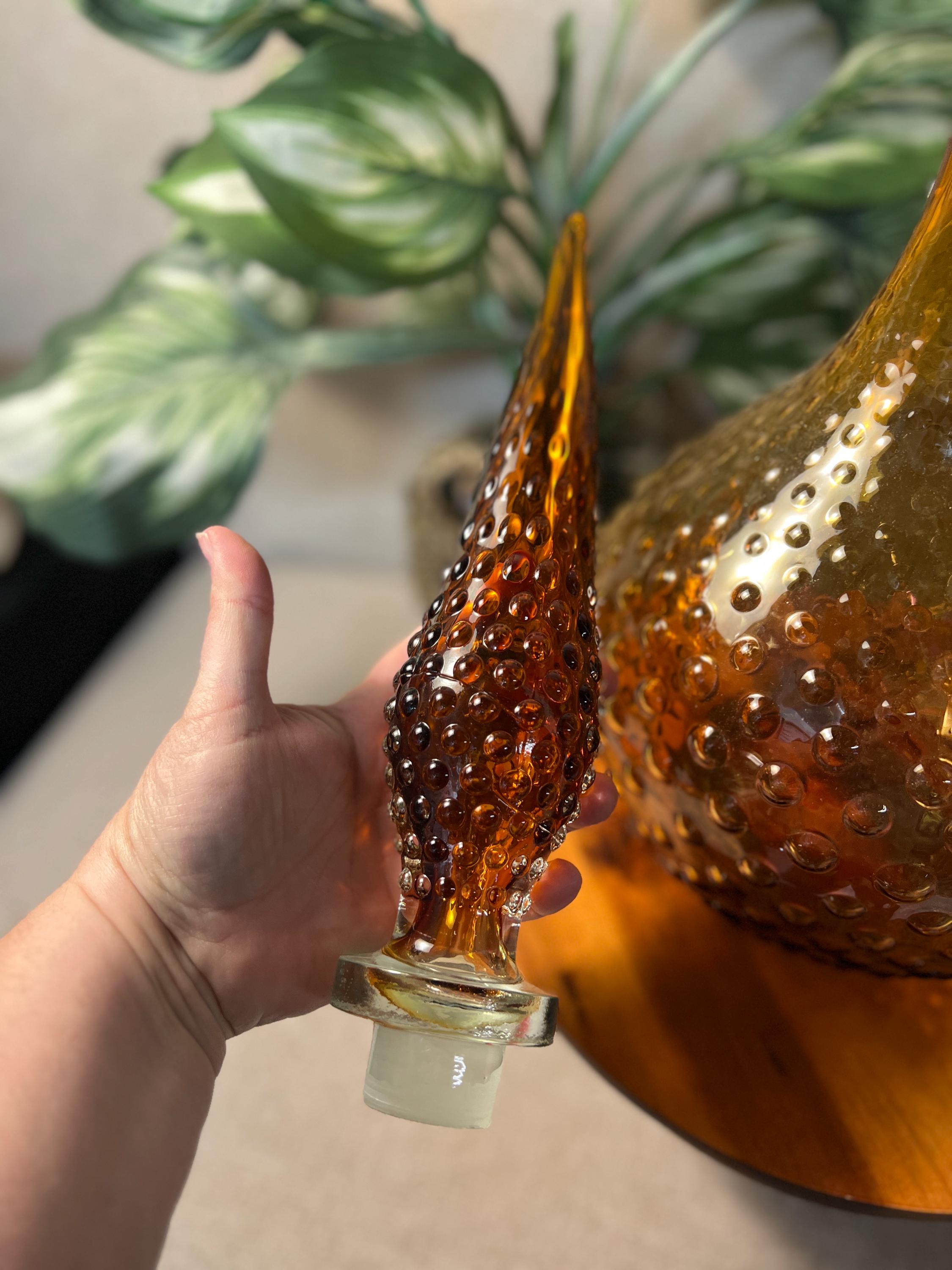 Vintage Decanter Vase Amber Hobnail Handblown Hand Blown Genie 25 MCM some chips on rim