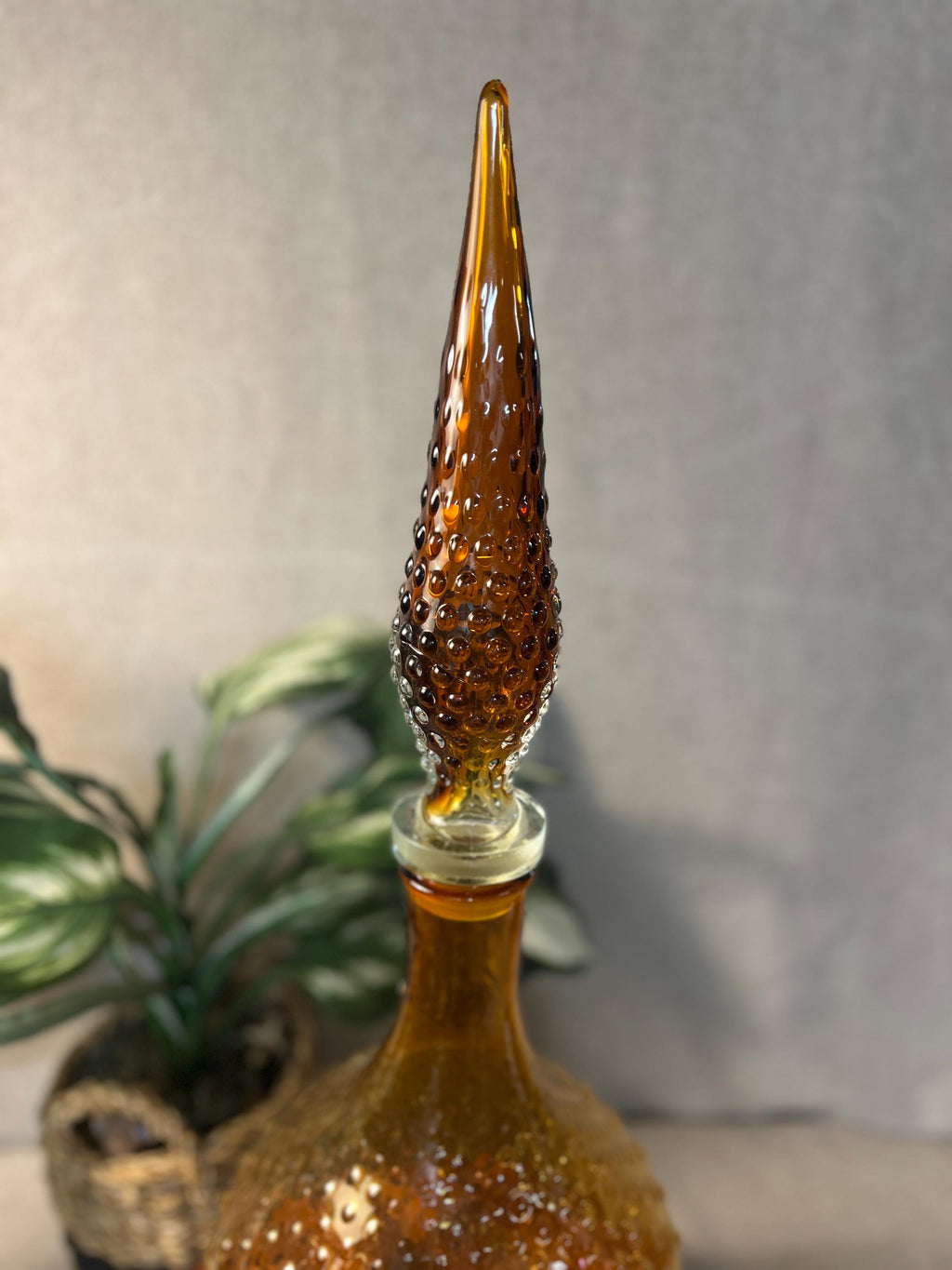 Vintage Decanter Vase Amber Hobnail Handblown Hand Blown Genie 25 MCM some chips on rim