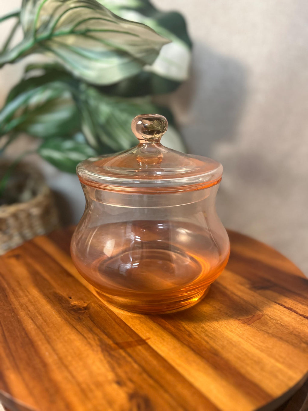 Vintage Pink Rose Glass Round Covered Candy Dish Lidded Trinket Bowl