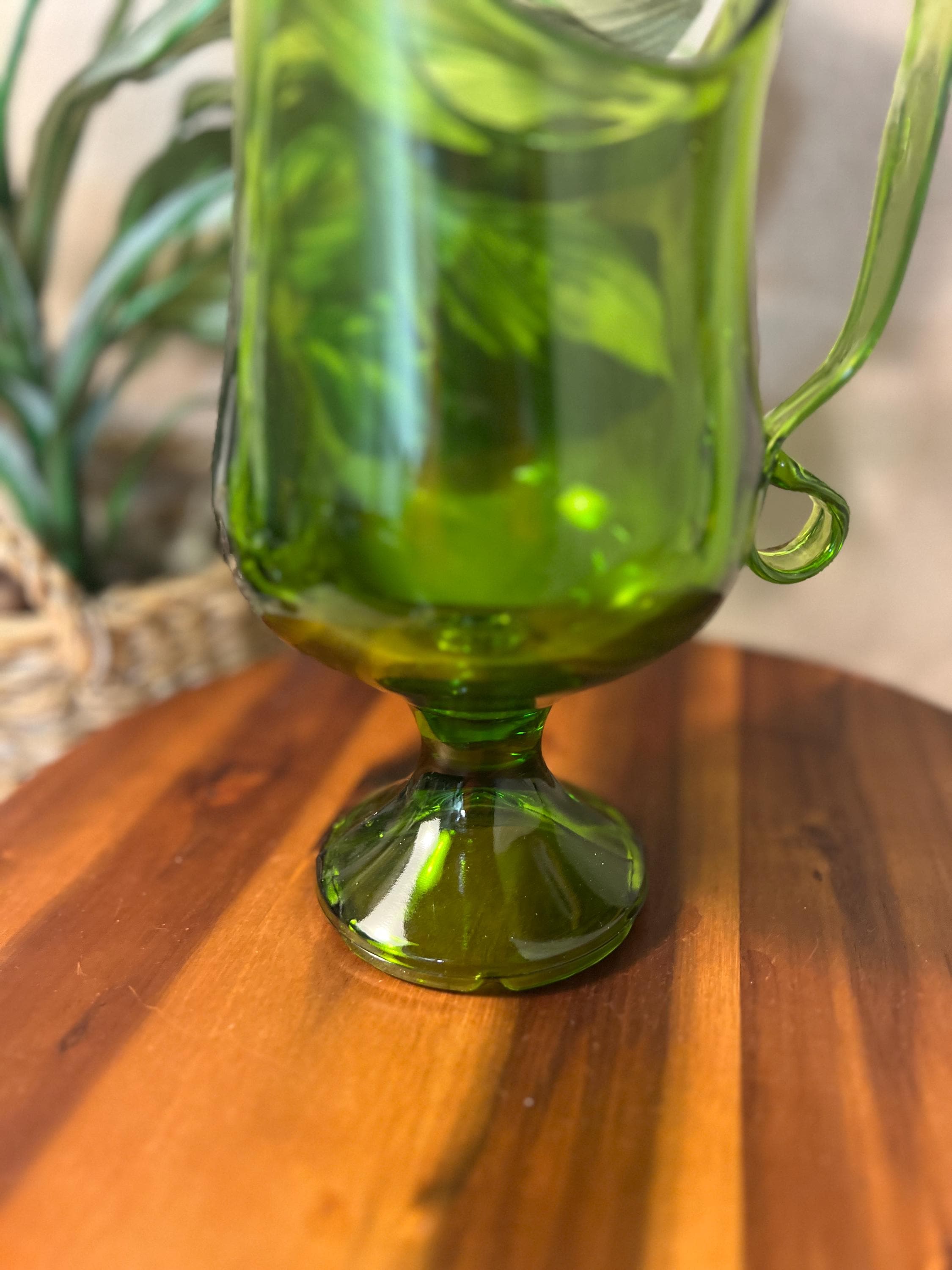 Green LE Smith Pedestal Swung Footed Glass Pitcher Vase MCM
