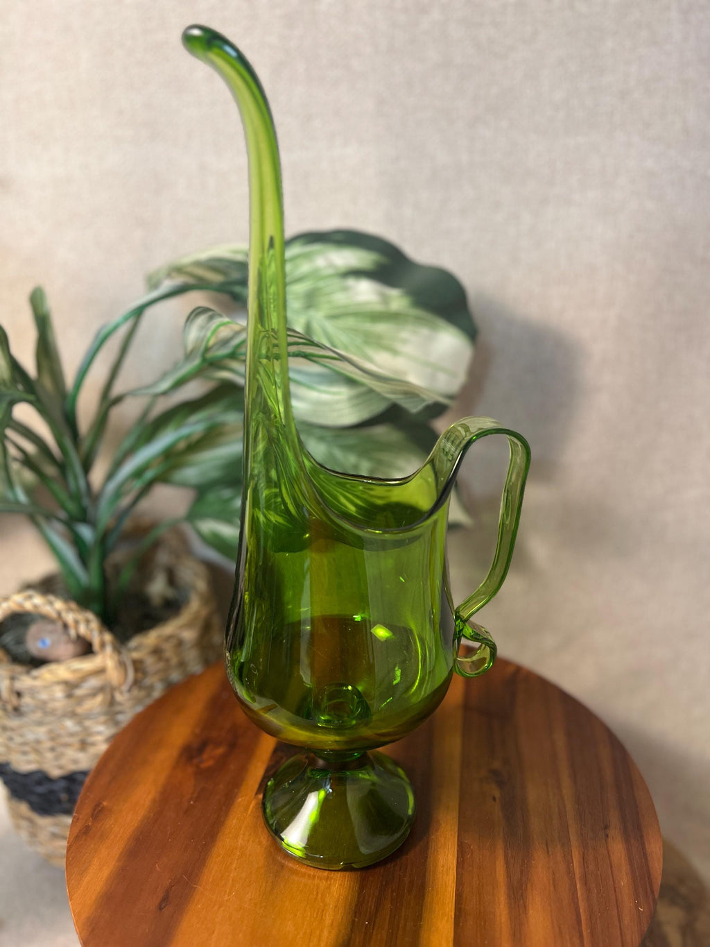 Green LE Smith Pedestal Swung Footed Glass Pitcher Vase MCM