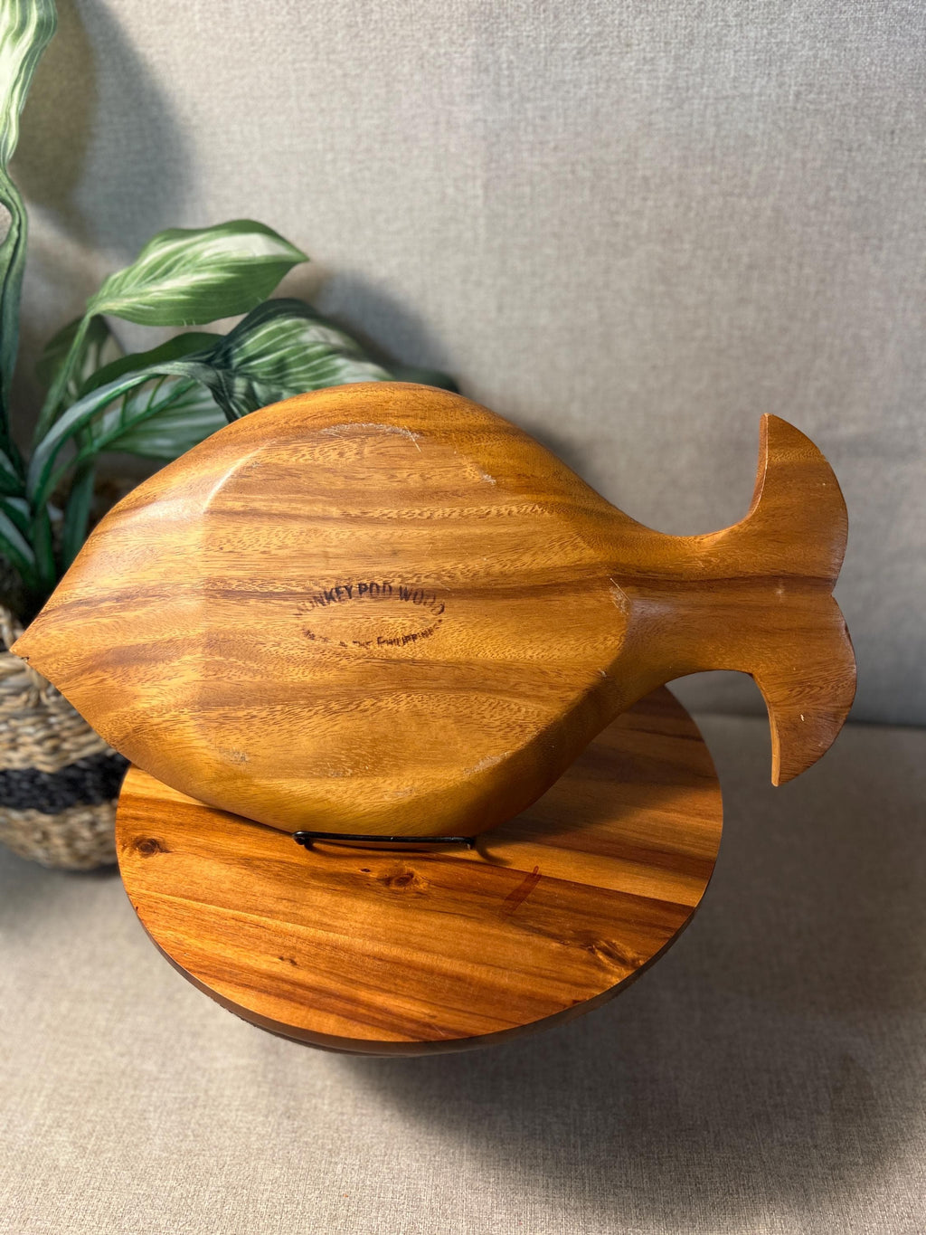 Vintage Fish Shaped Monkey Pod Wooden Serving Tray Platter Mid Century
