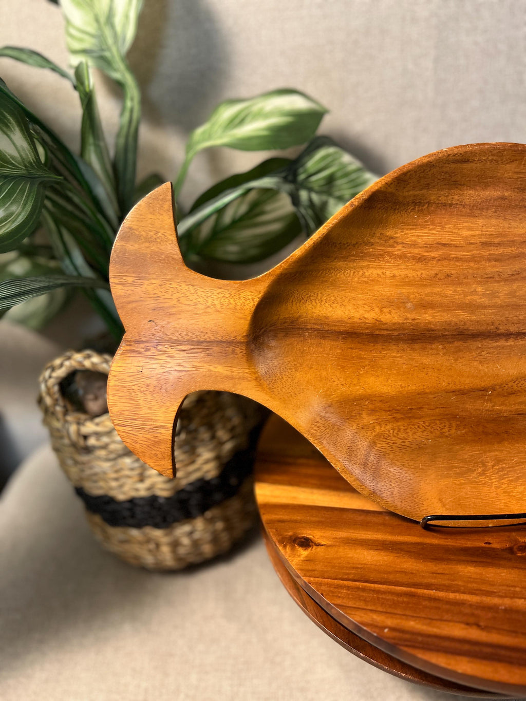 Vintage Fish Shaped Monkey Pod Wooden Serving Tray Platter Mid Century