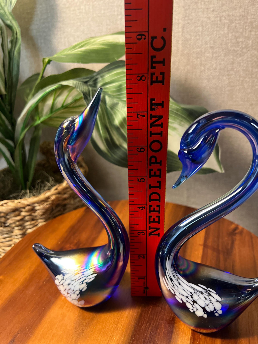 Iridescent Cobalt Blue Art Glass Swans, Pair — 8.25" Tall, White Spot Detail