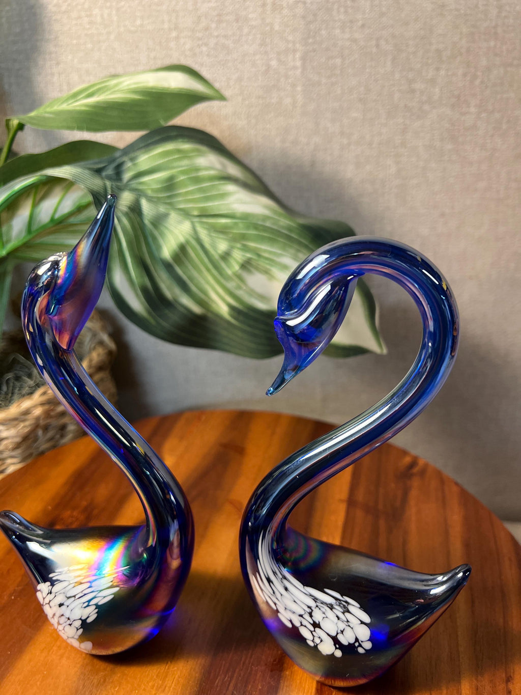 Iridescent Cobalt Blue Art Glass Swans, Pair — 8.25" Tall, White Spot Detail