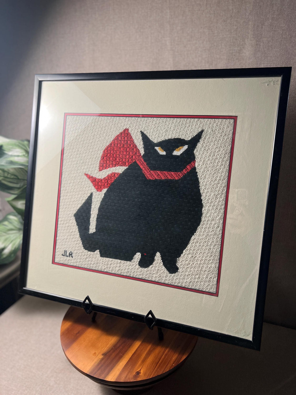 Vintage fun needlepoint Black Cat with Red Scarf professionally framed
