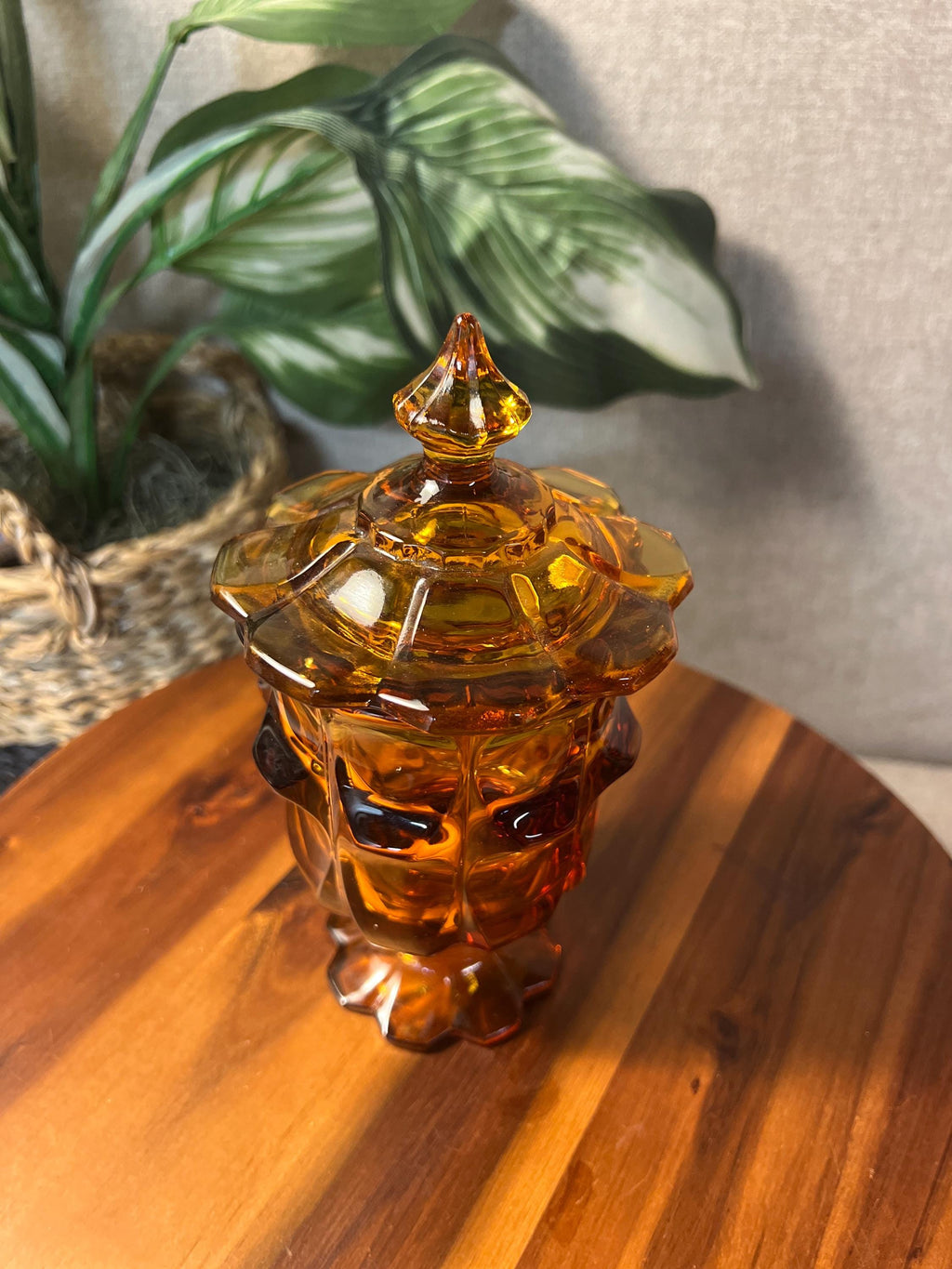 Vintage Fenton Valencia Amber Pedestal Glass Candy Dish w/ Lid Tobacco Cigarette Jar