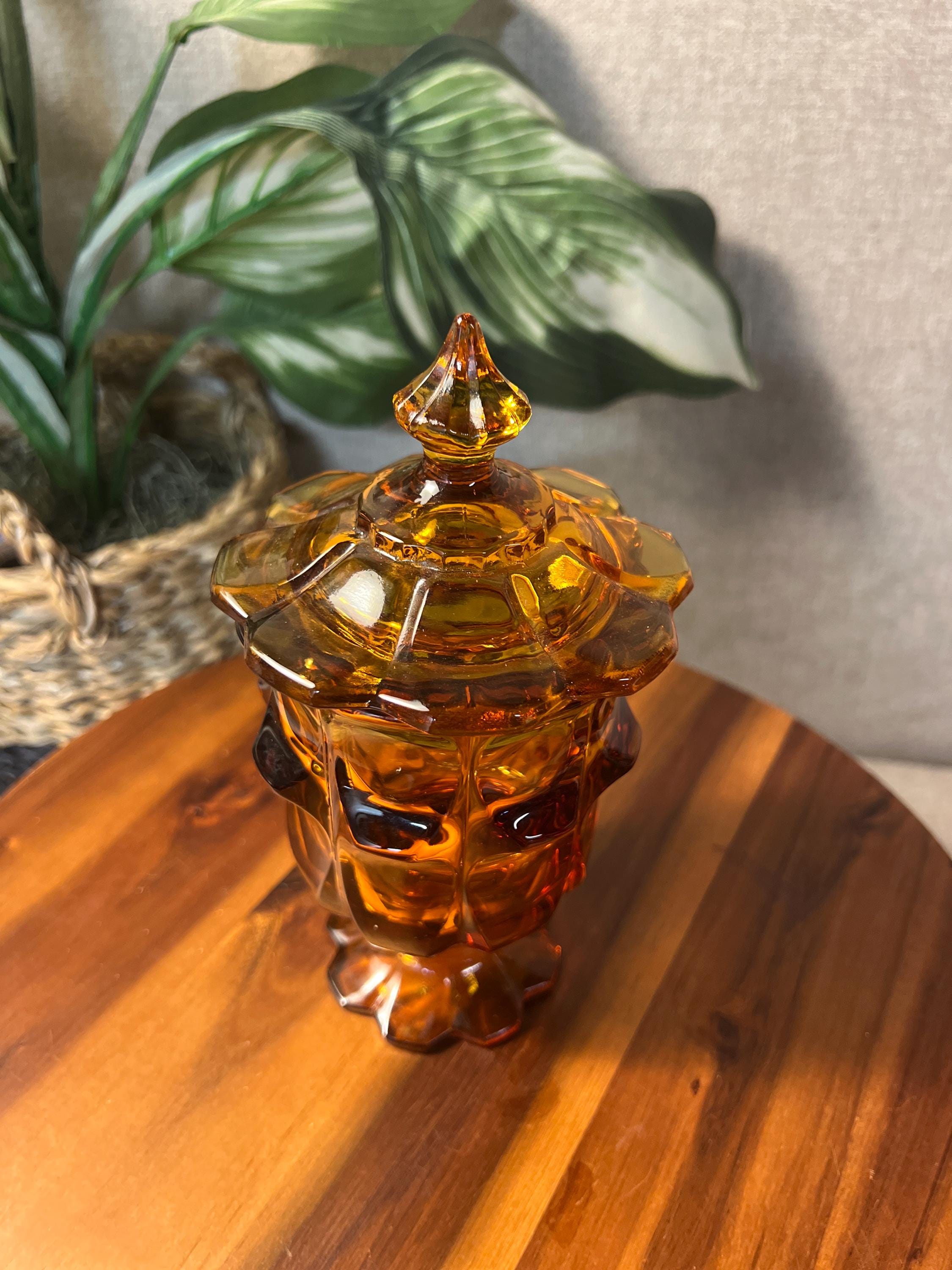 Vintage Fenton Valencia Amber Pedestal Glass Candy Dish w/ Lid Tobacco Cigarette Jar