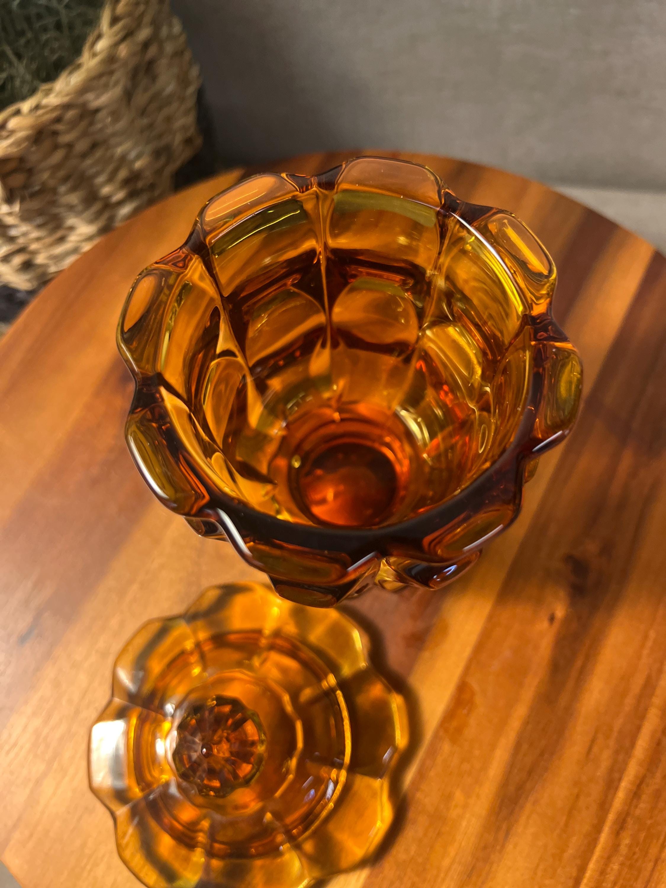 Vintage Fenton Valencia Amber Pedestal Glass Candy Dish w/ Lid Tobacco Cigarette Jar