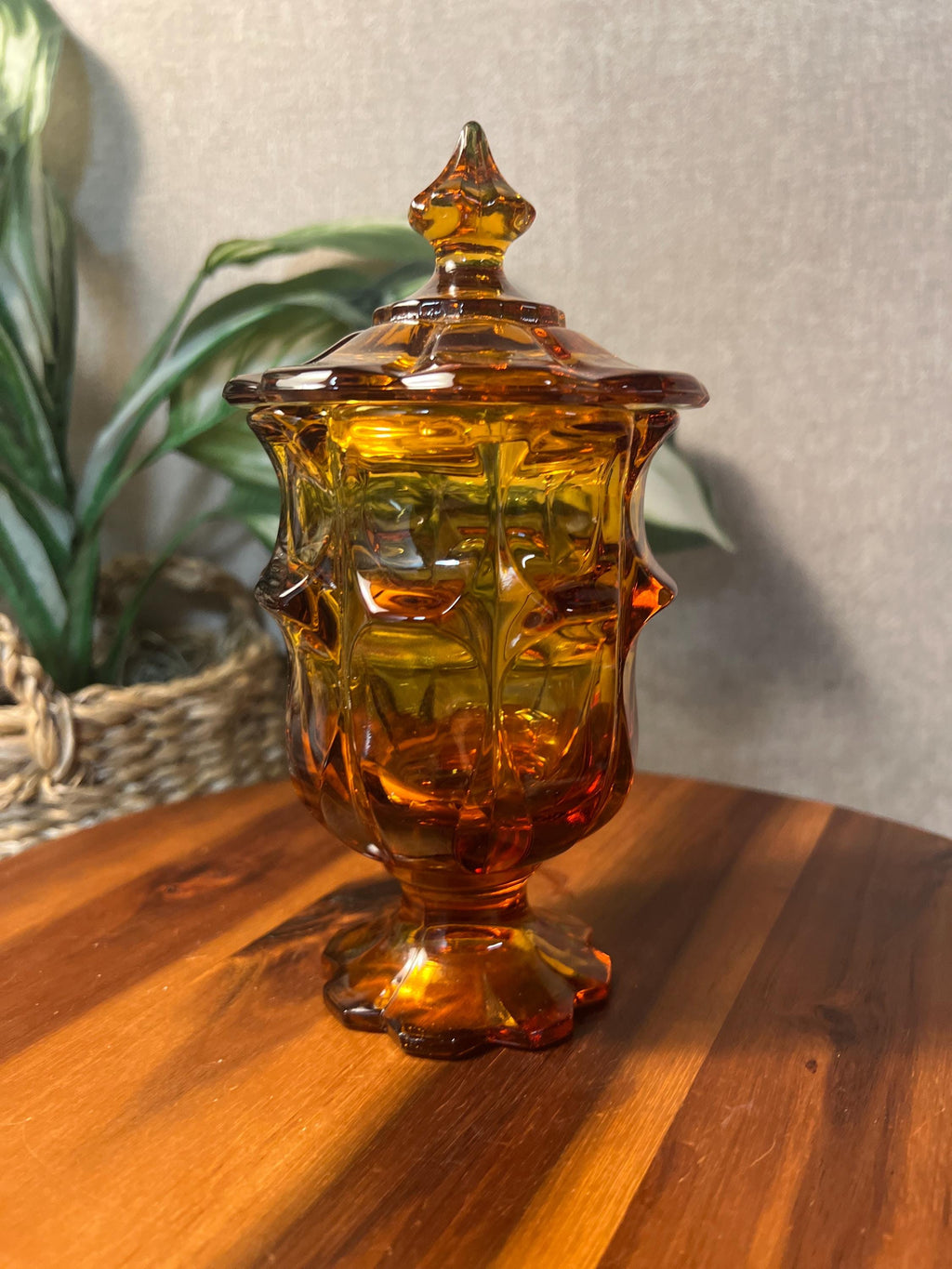Vintage Fenton Valencia Amber Pedestal Glass Candy Dish w/ Lid Tobacco Cigarette Jar