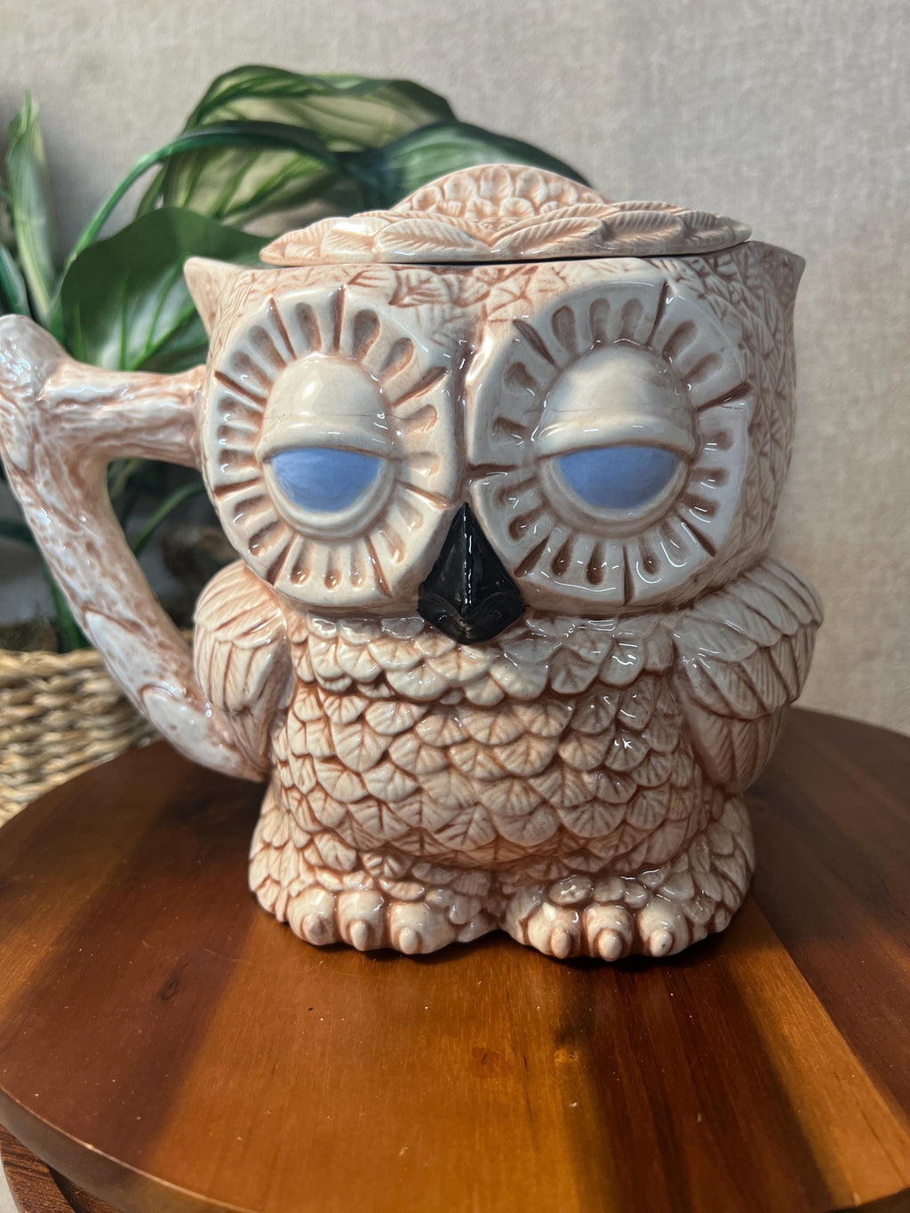 Vintage Sleepy Owl Ceramic Coffee Tea Two Sided Pitcher Retro 70s Wood Woodland
