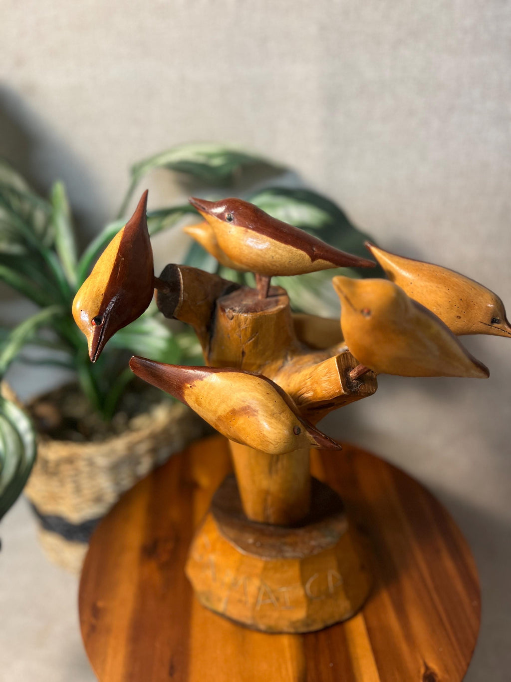 Vintage Hand Carved Whittled Birds In Tree made in Jamaica