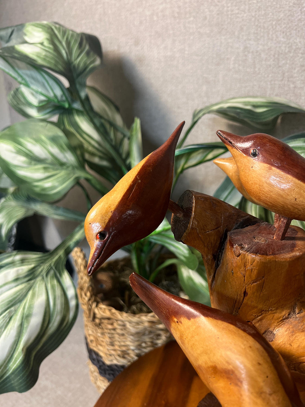 Vintage Hand Carved Whittled Birds In Tree made in Jamaica