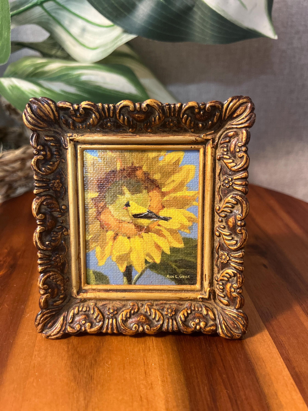 Sunflower with yellow finch flowers, original signed by artist Painting,small,mini, Framed